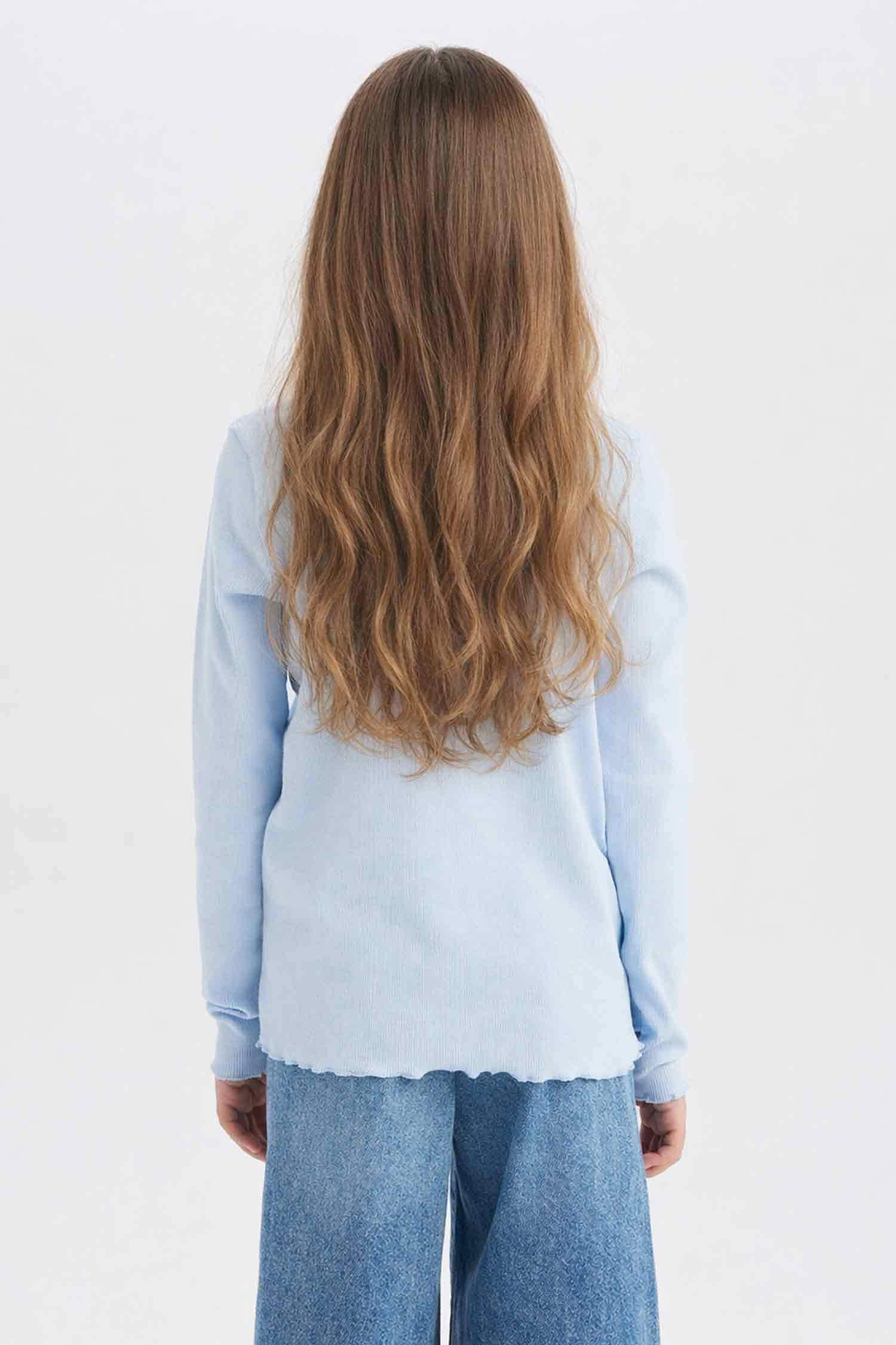 Slim Fit Dar Kesim Bisiklet Yaka Baskılı Fitilli Kaşkorse Uzun Kollu Okul Tişörtü Kız Çocuk