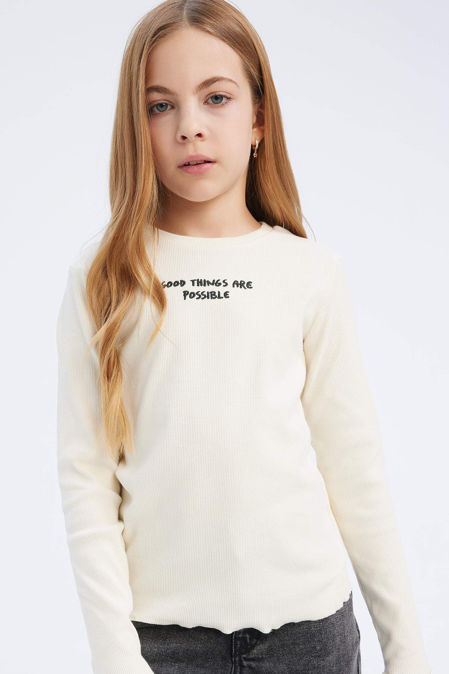 Kız Çocuk Slim Fit Dar Kesim Bisiklet Yaka Baskılı Fitilli Kaşkorse Uzun Kollu Okul Tişörtü