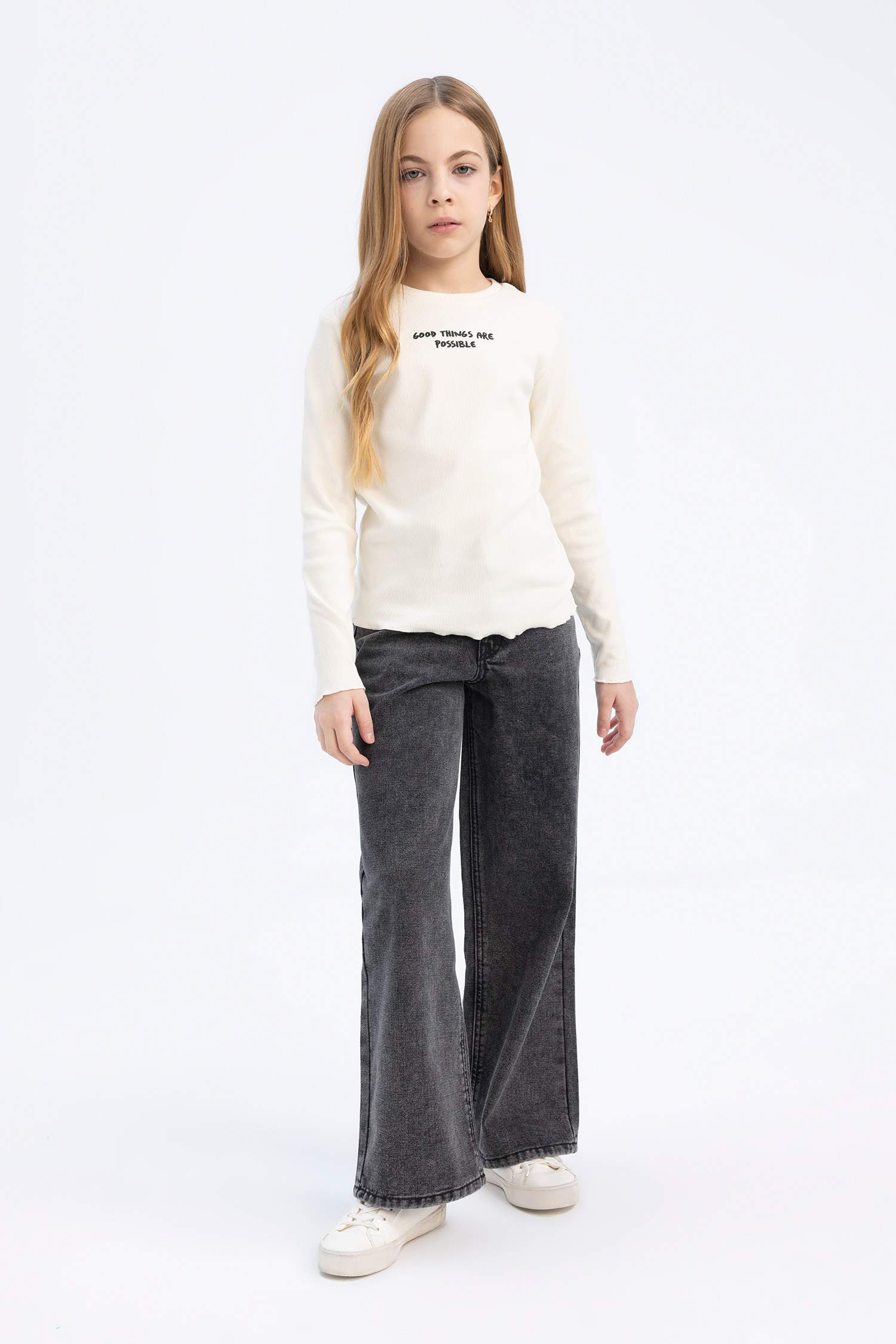 Kız Çocuk Slim Fit Dar Kesim Bisiklet Yaka Baskılı Fitilli Kaşkorse Uzun Kollu Okul Tişörtü