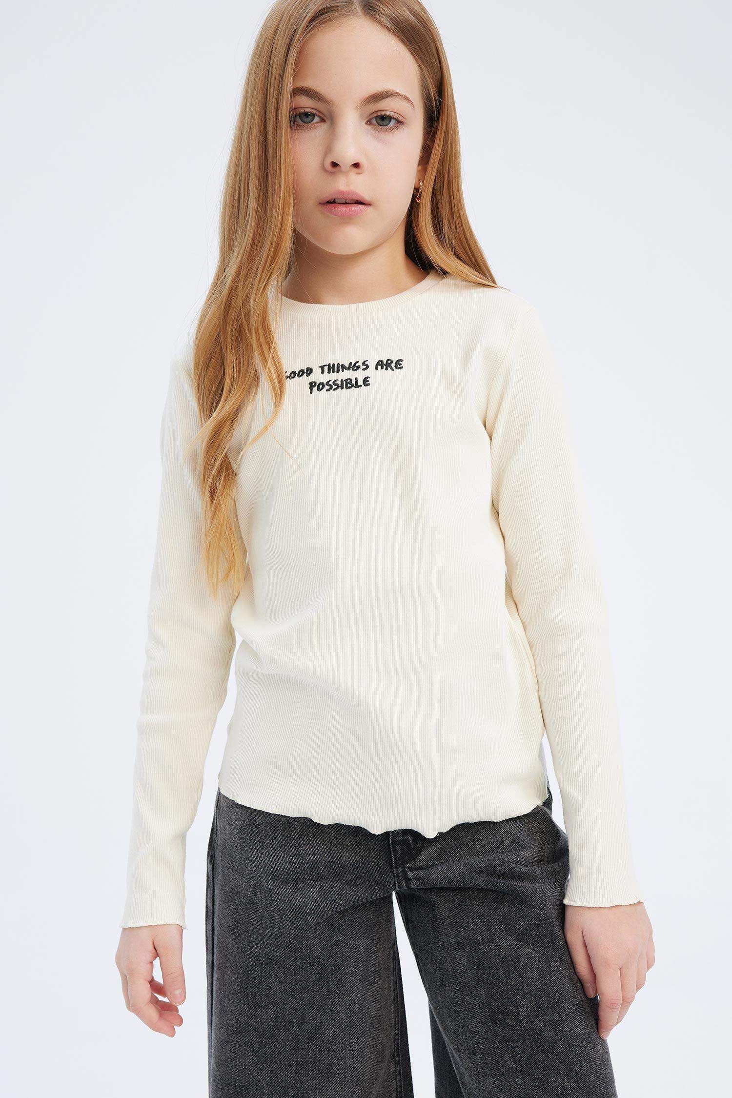 Kız Çocuk Slim Fit Dar Kesim Bisiklet Yaka Baskılı Fitilli Kaşkorse Uzun Kollu Okul Tişörtü