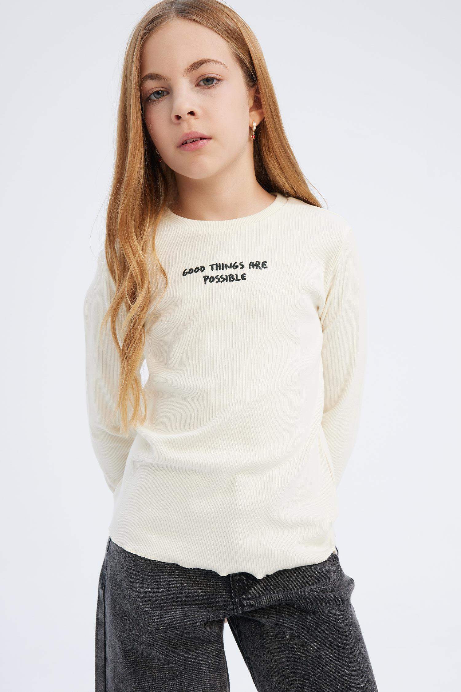 Kız Çocuk Slim Fit Dar Kesim Bisiklet Yaka Baskılı Fitilli Kaşkorse Uzun Kollu Okul Tişörtü