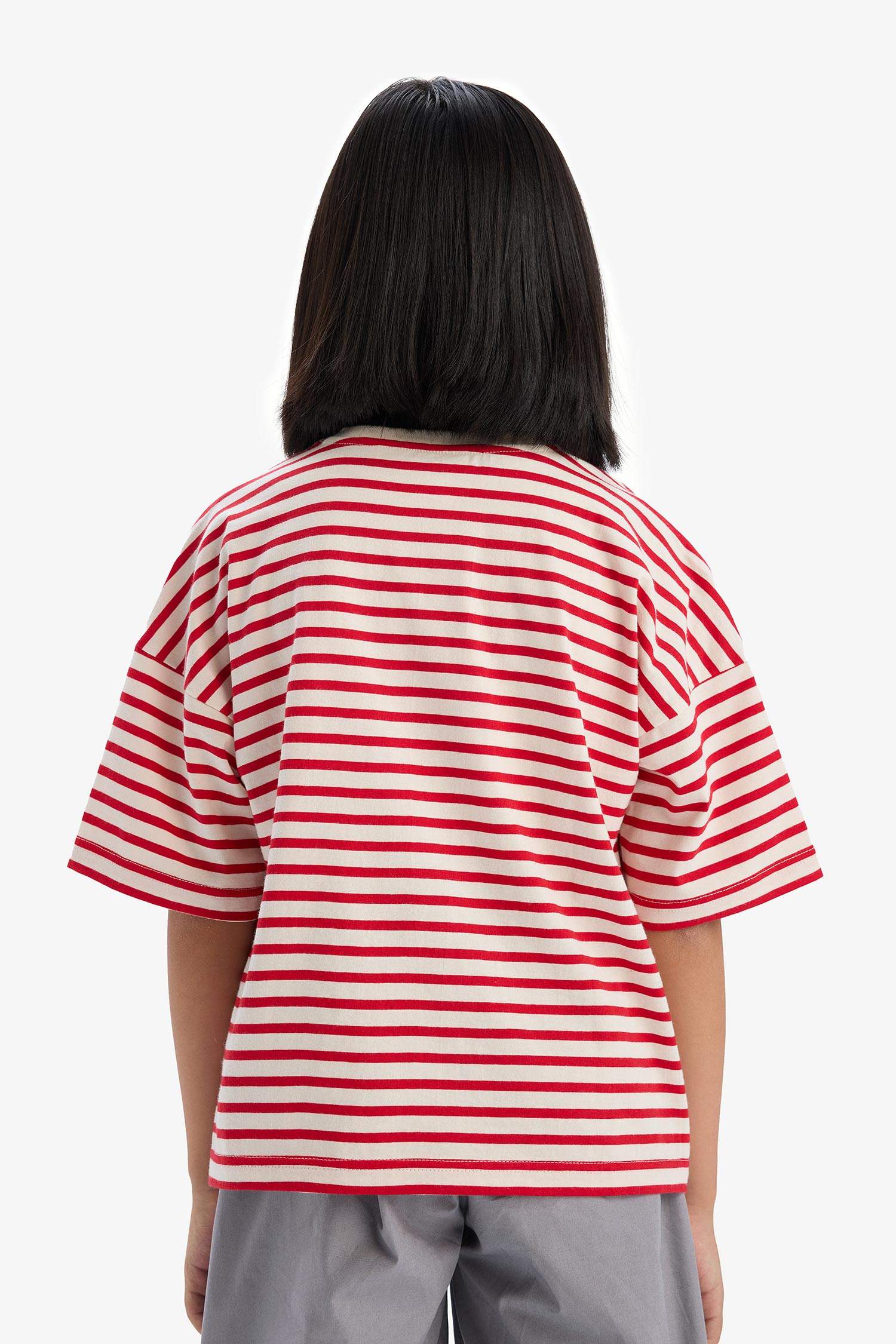 Kız Çocuk Relax Fit Bisiklet Yaka Çizgili Kısa Kollu Tişört