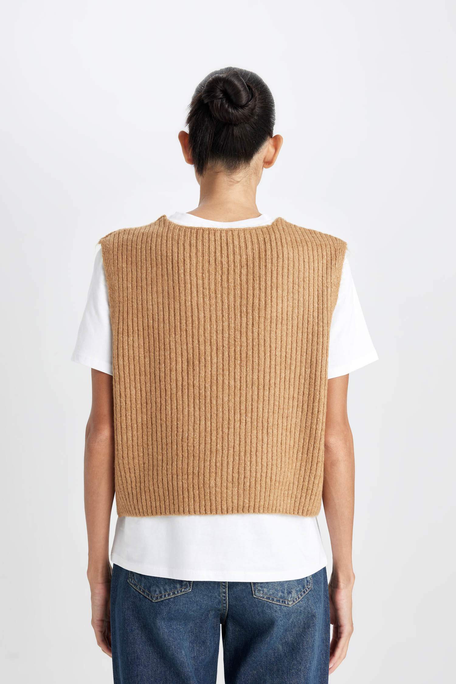 Regular Fit V Yaka Basic Düz Fitilli Triko Süveter