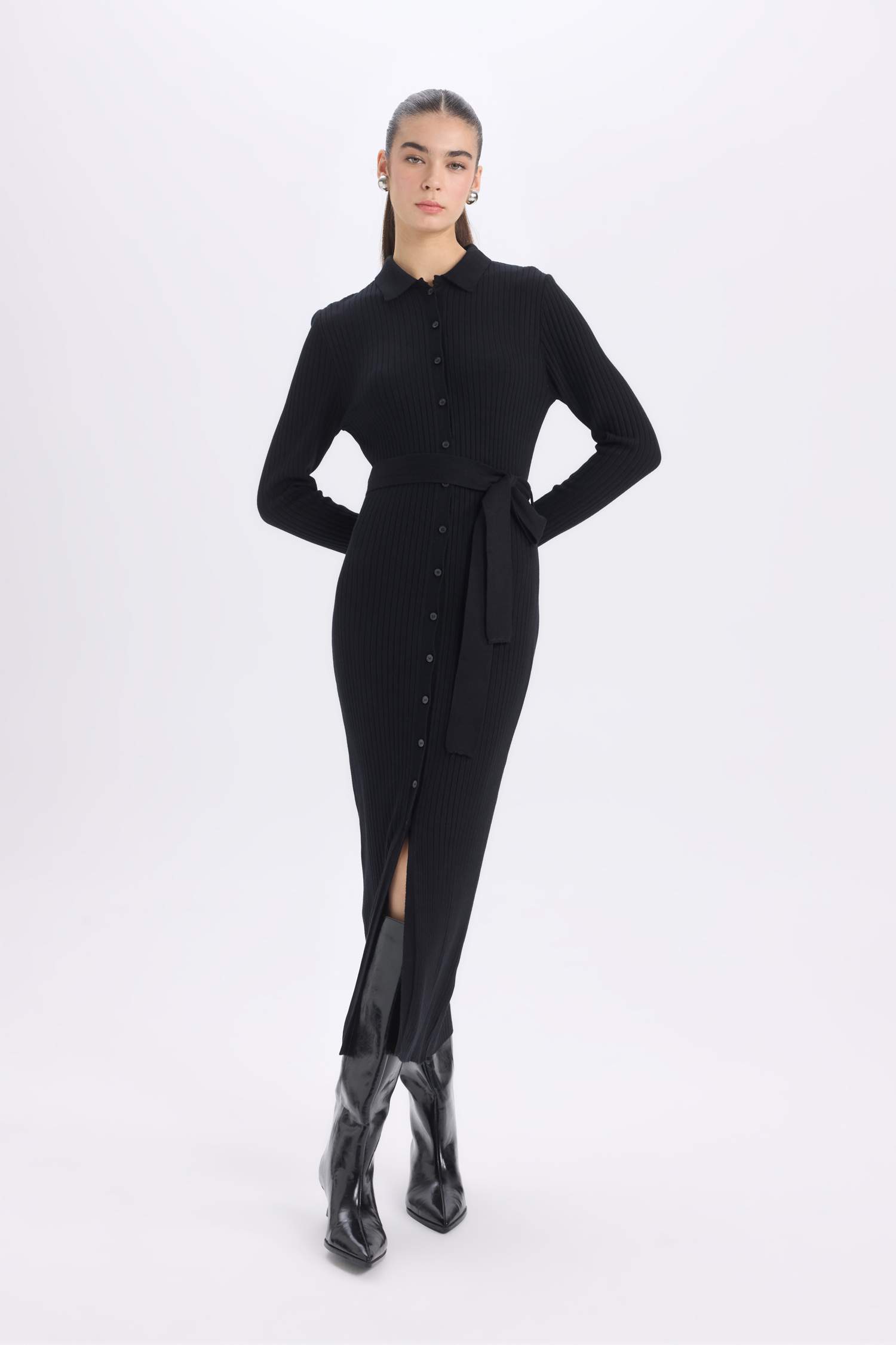 فستان ميدي سادة ردن طويل بياخة قميص