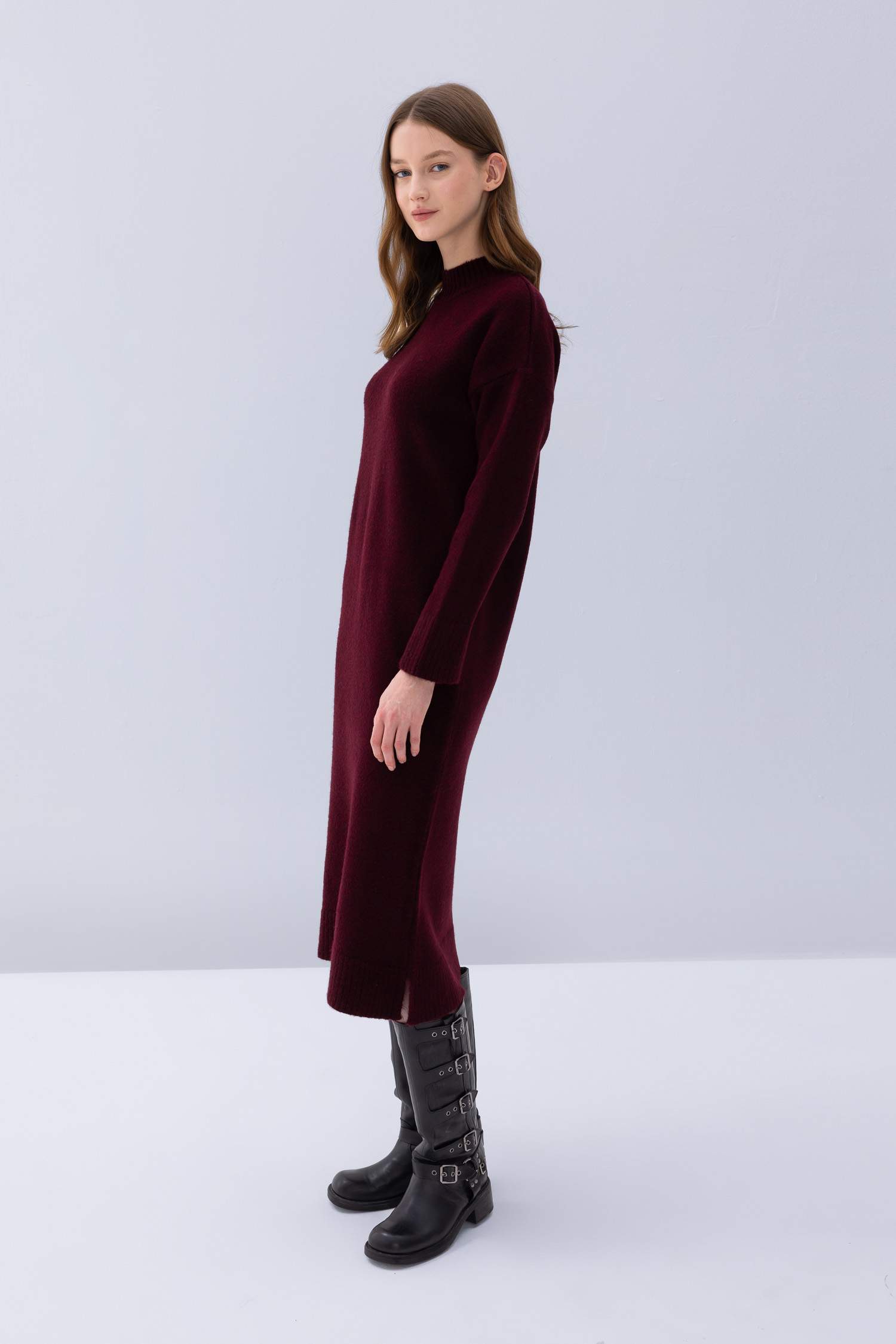 Relax Fit Yarım Balıkçı Yaka Midi Triko Bordo Elbise