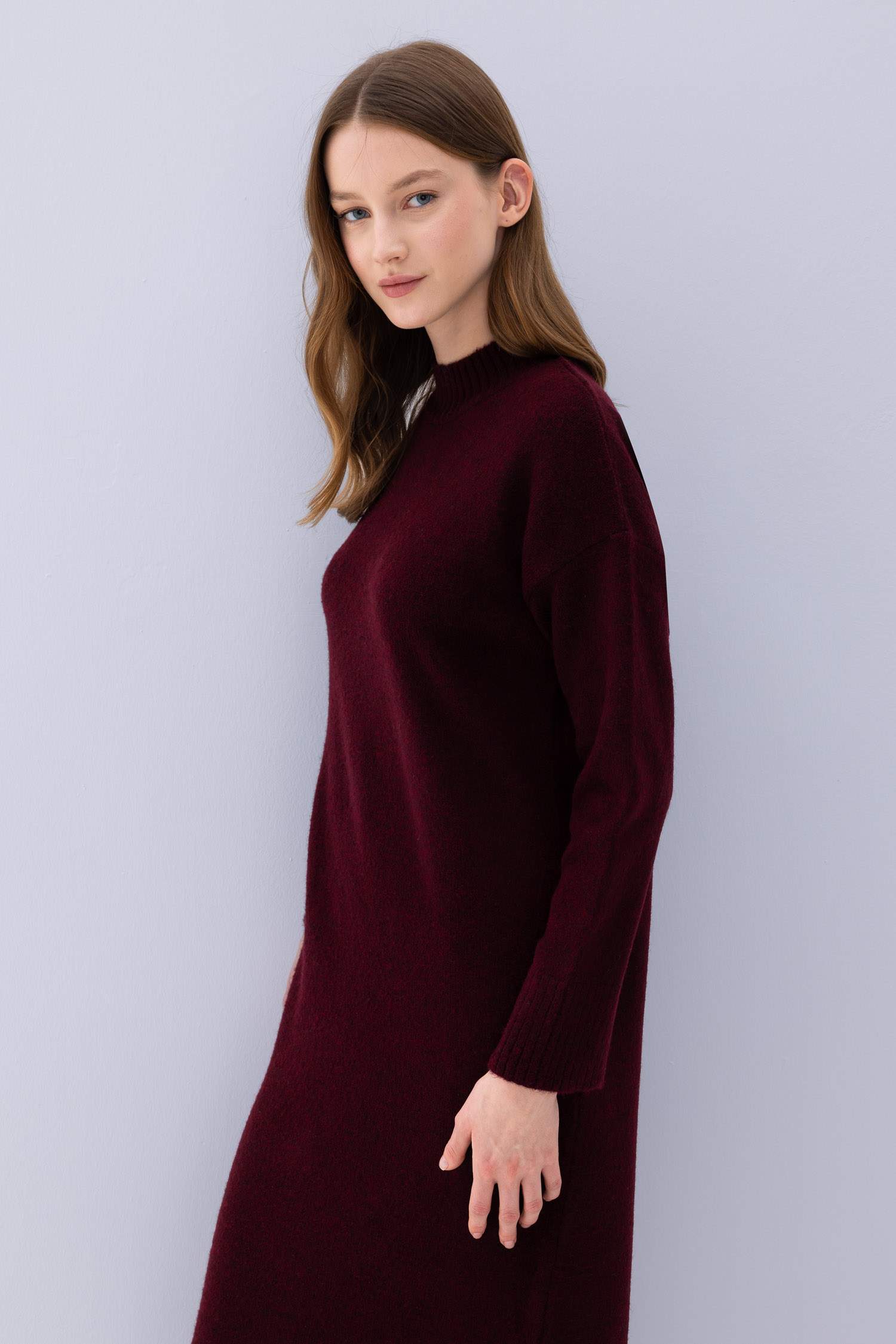 Relax Fit Yarım Balıkçı Yaka Midi Triko Bordo Elbise