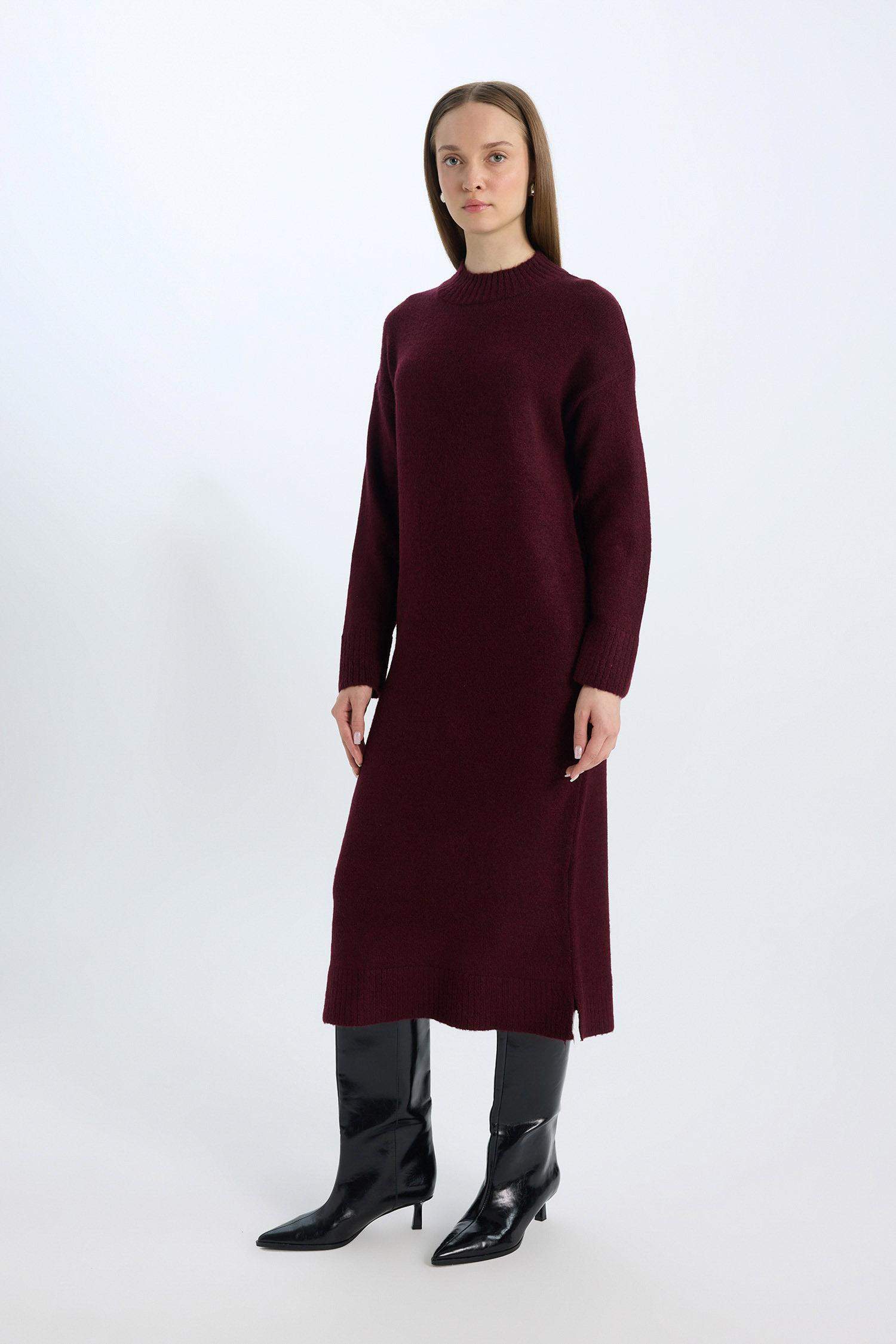 Relax Fit Yarım Balıkçı Yaka Midi Triko Bordo Elbise