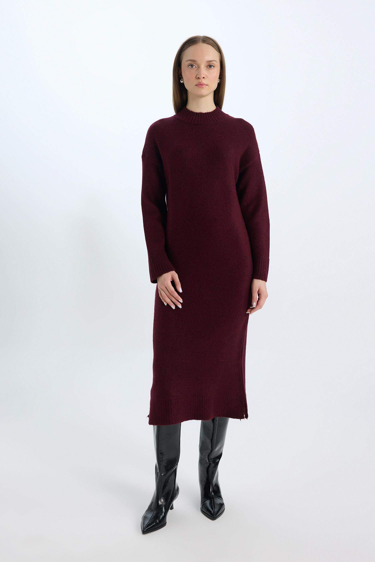 Relax Fit Yarım Balıkçı Yaka Midi Triko Bordo Elbise