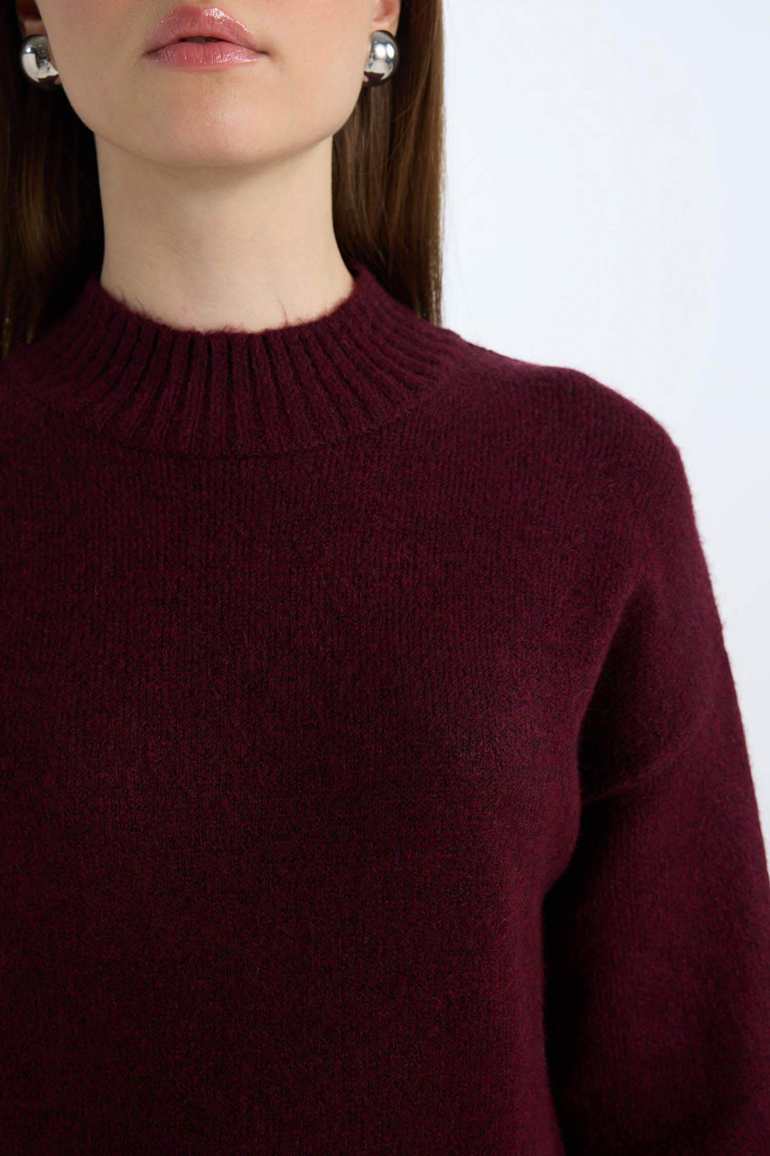 Relax Fit Yarım Balıkçı Yaka Midi Triko Bordo Elbise