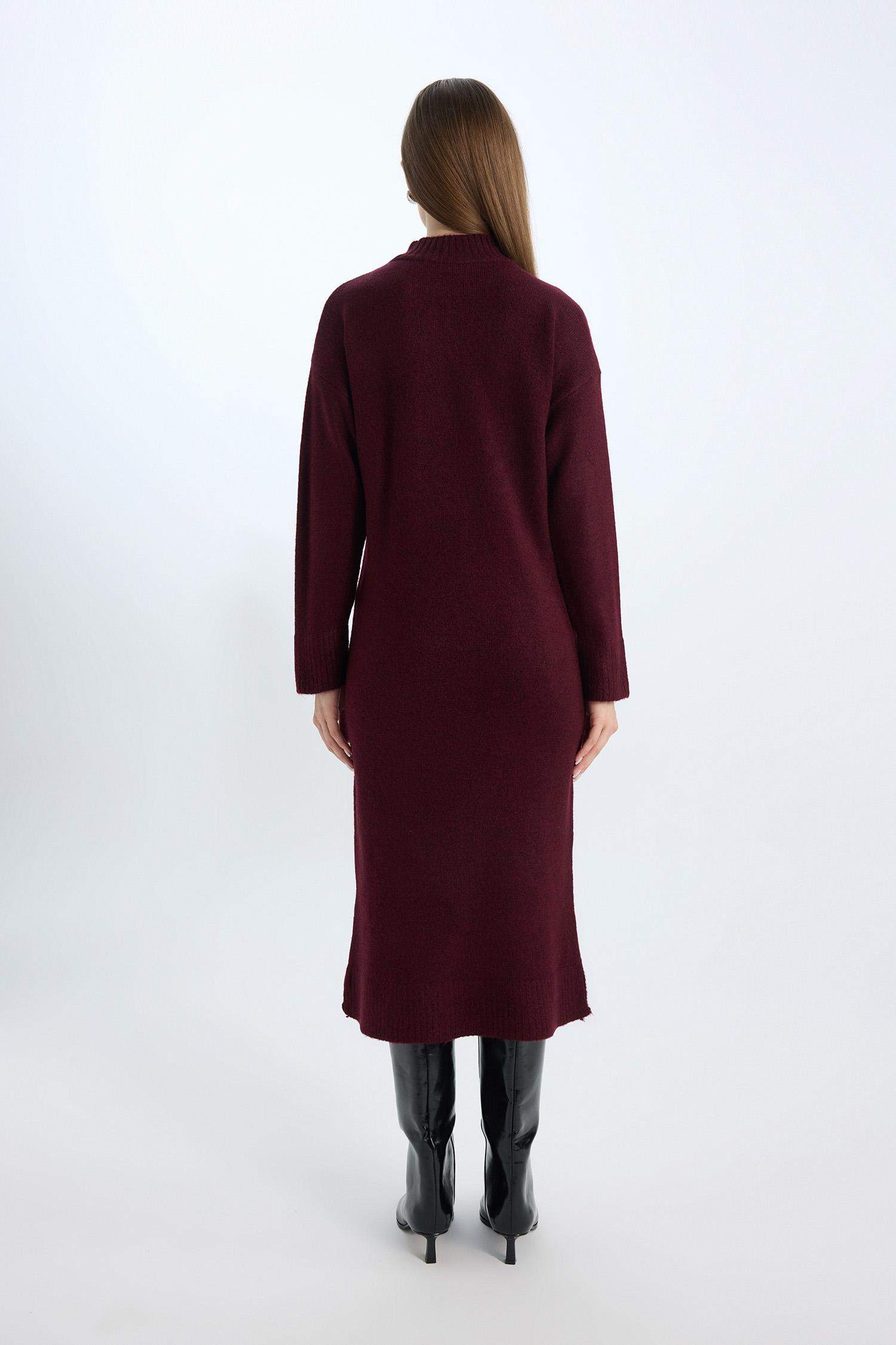 Relax Fit Yarım Balıkçı Yaka Midi Triko Bordo Elbise