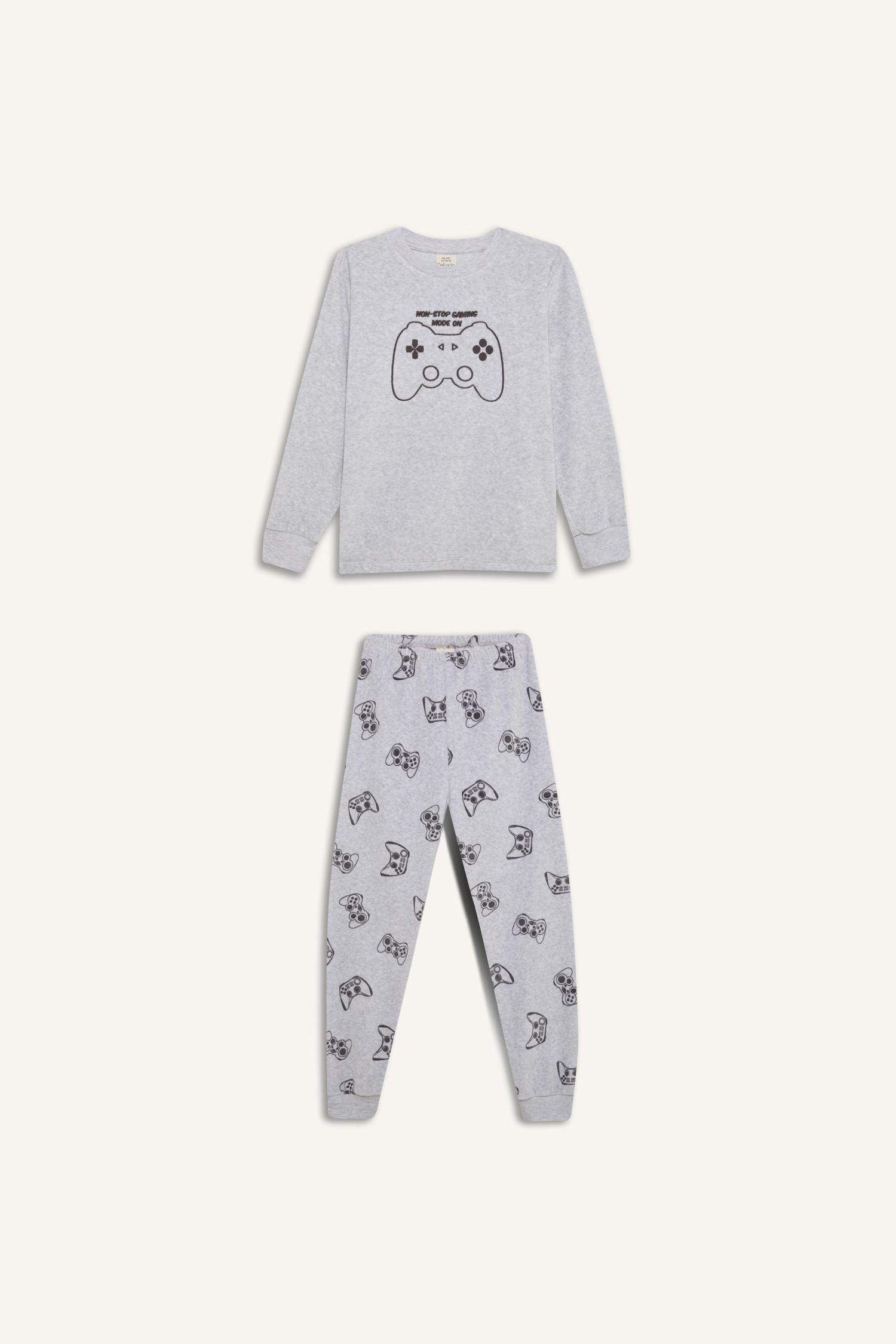 Erkek Çocuk Kadife Pijama Takımı Baskılı Uzun Kollu Üst Uzun Alt