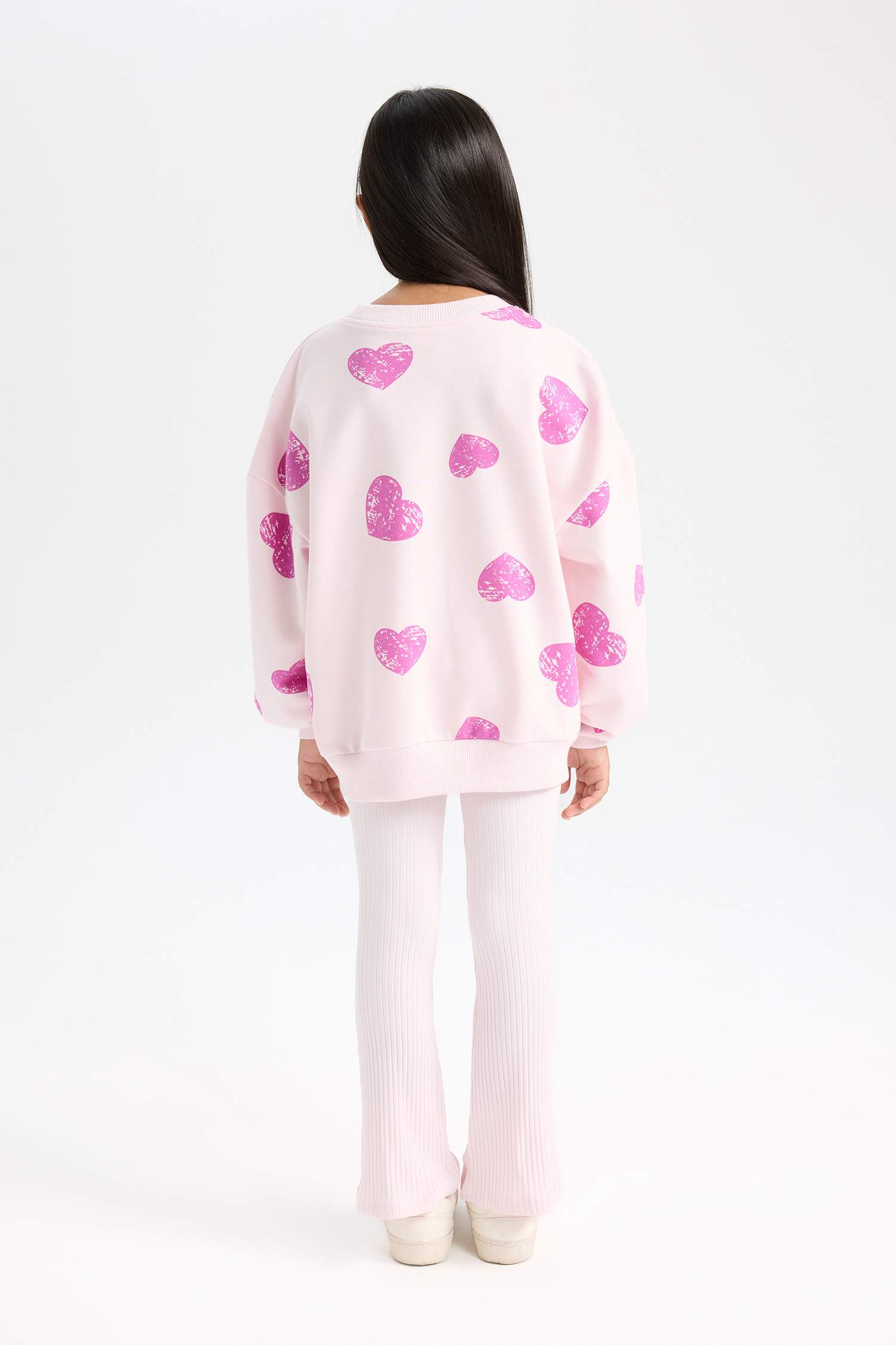 Kız Çocuk 2'li Takım Kalp Desenli Sweatshirt İspanyol Paça Tayt