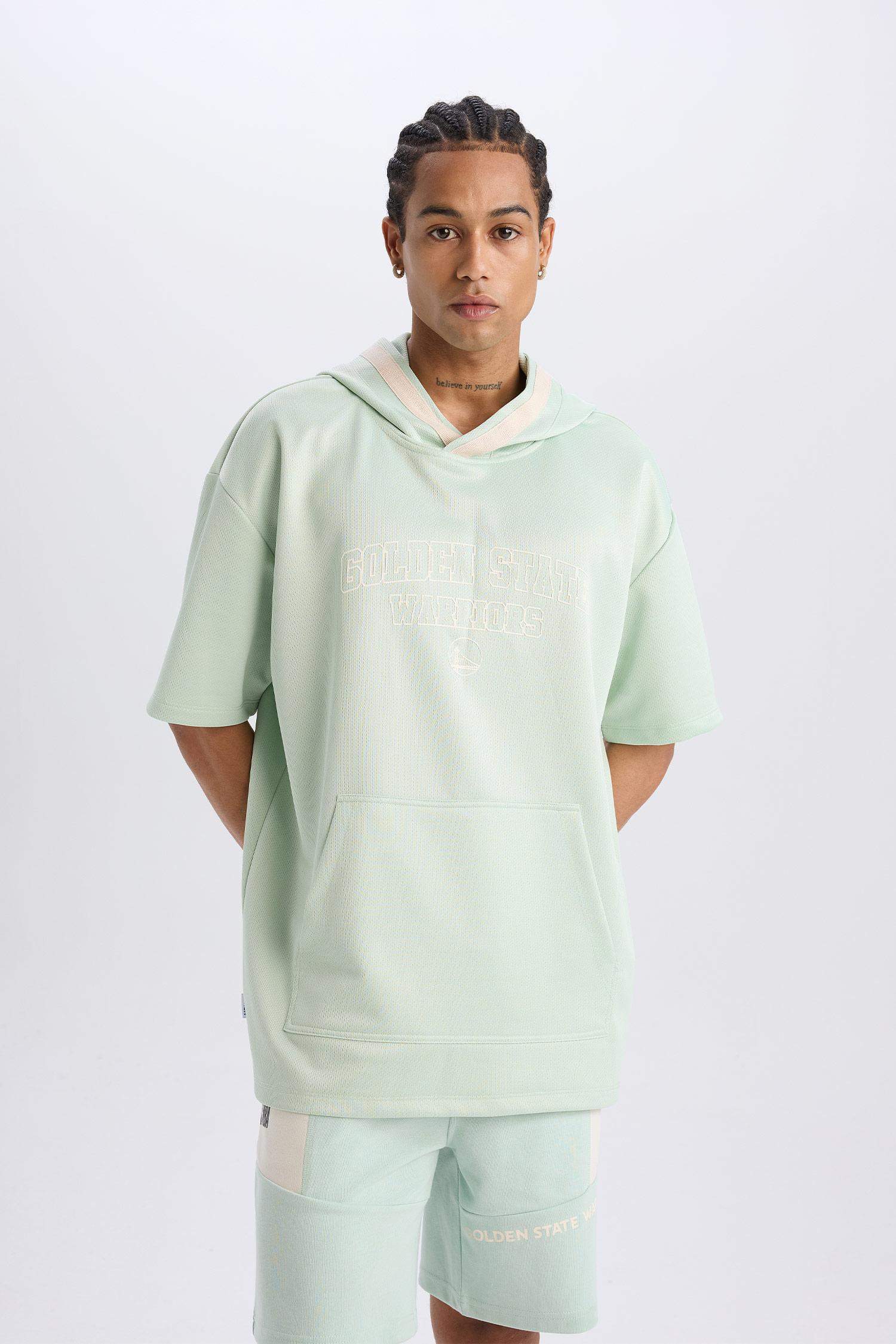 DeFactoFit NBA Golden State Warriors Oversize Geniş Kalıp Kapüşonlu Waffle Kısa Kollu Tişört