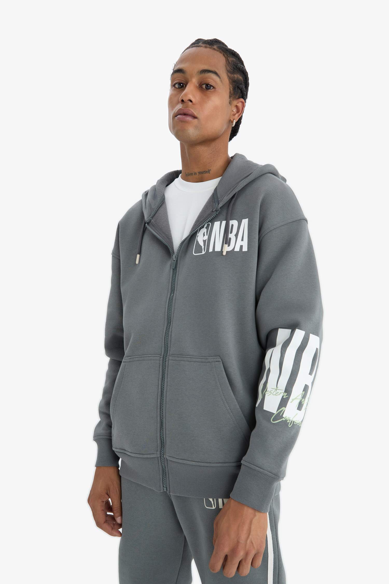 DeFactoFit NBA Wordmark Oversize Geniş Kalıp Cepli Kalın Fermuarlı Sweatshirt