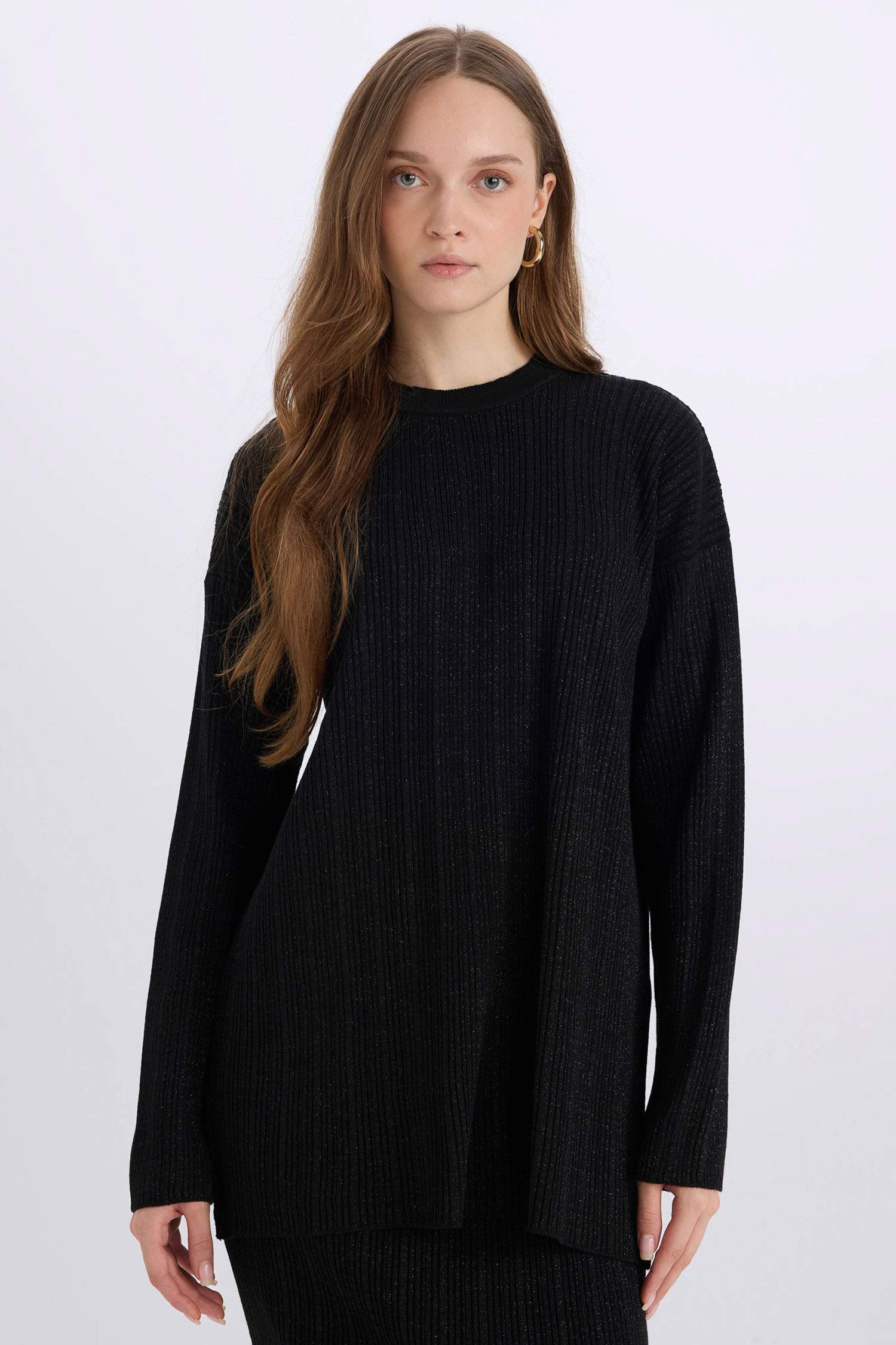 Relax Fit Bisiklet Yaka Basic Düz Triko Kazak Tunik