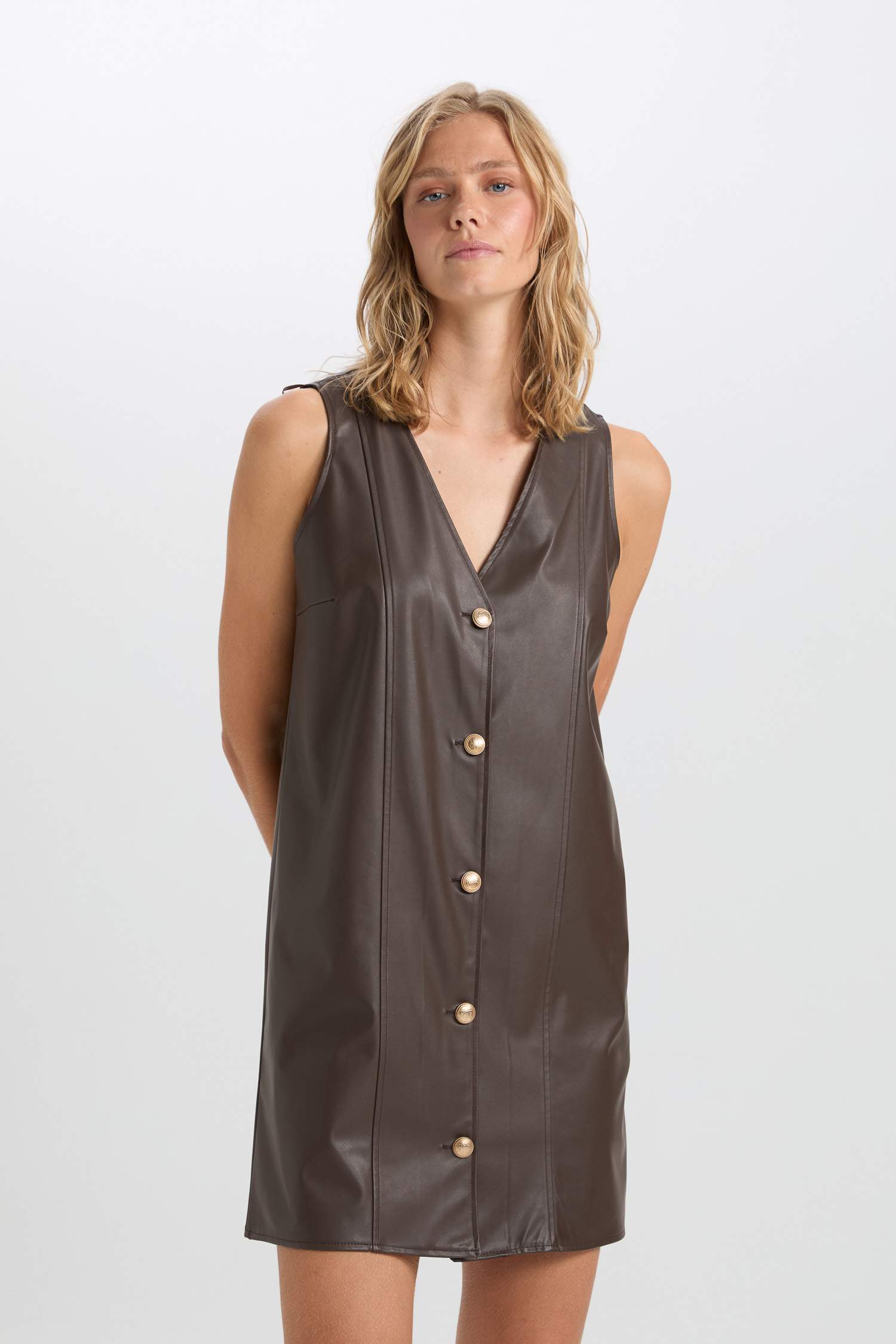 A Cut V Neck Basic Faux Leather Sleeveless Mini Dress