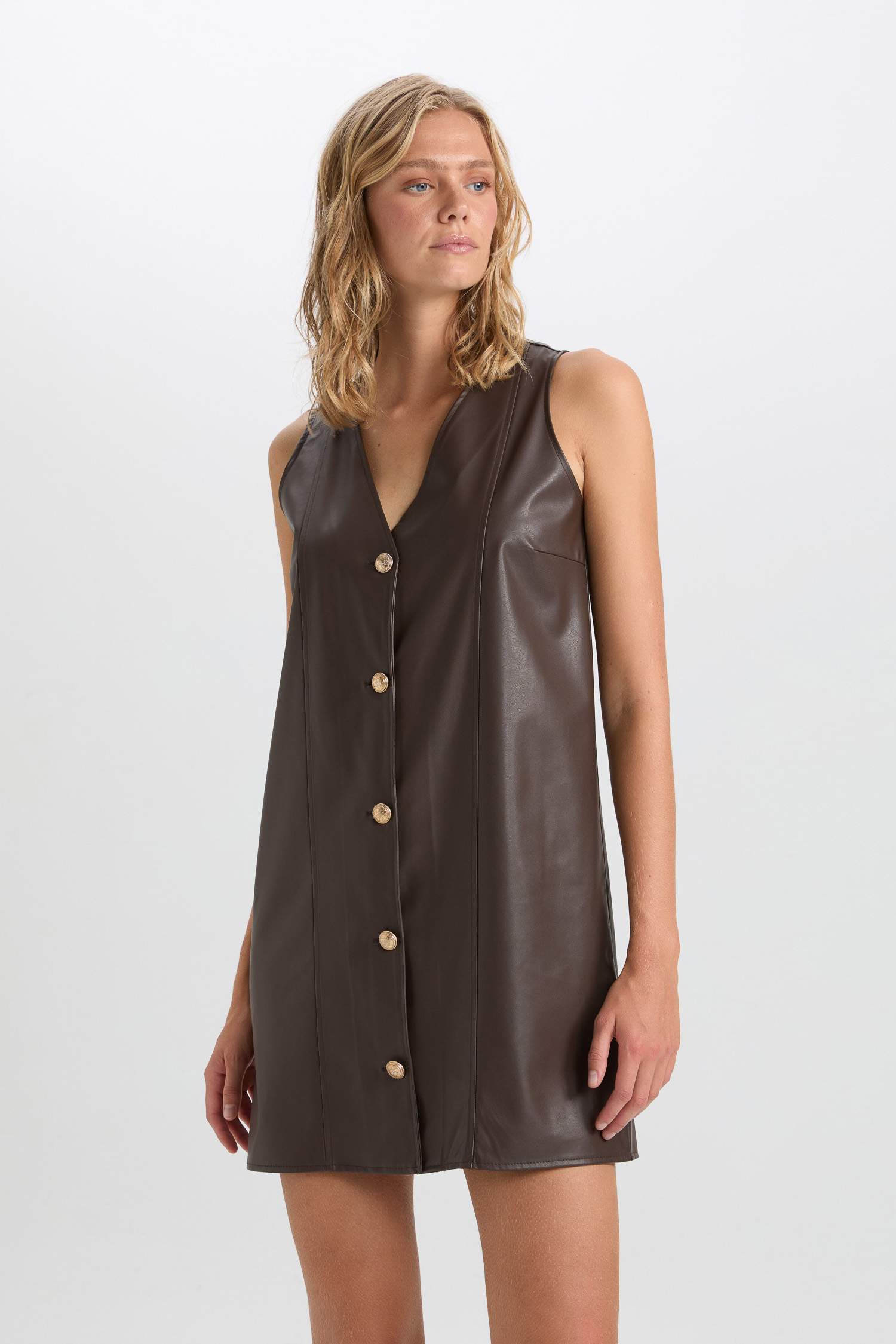 A Cut V Neck Basic Faux Leather Sleeveless Mini Dress
