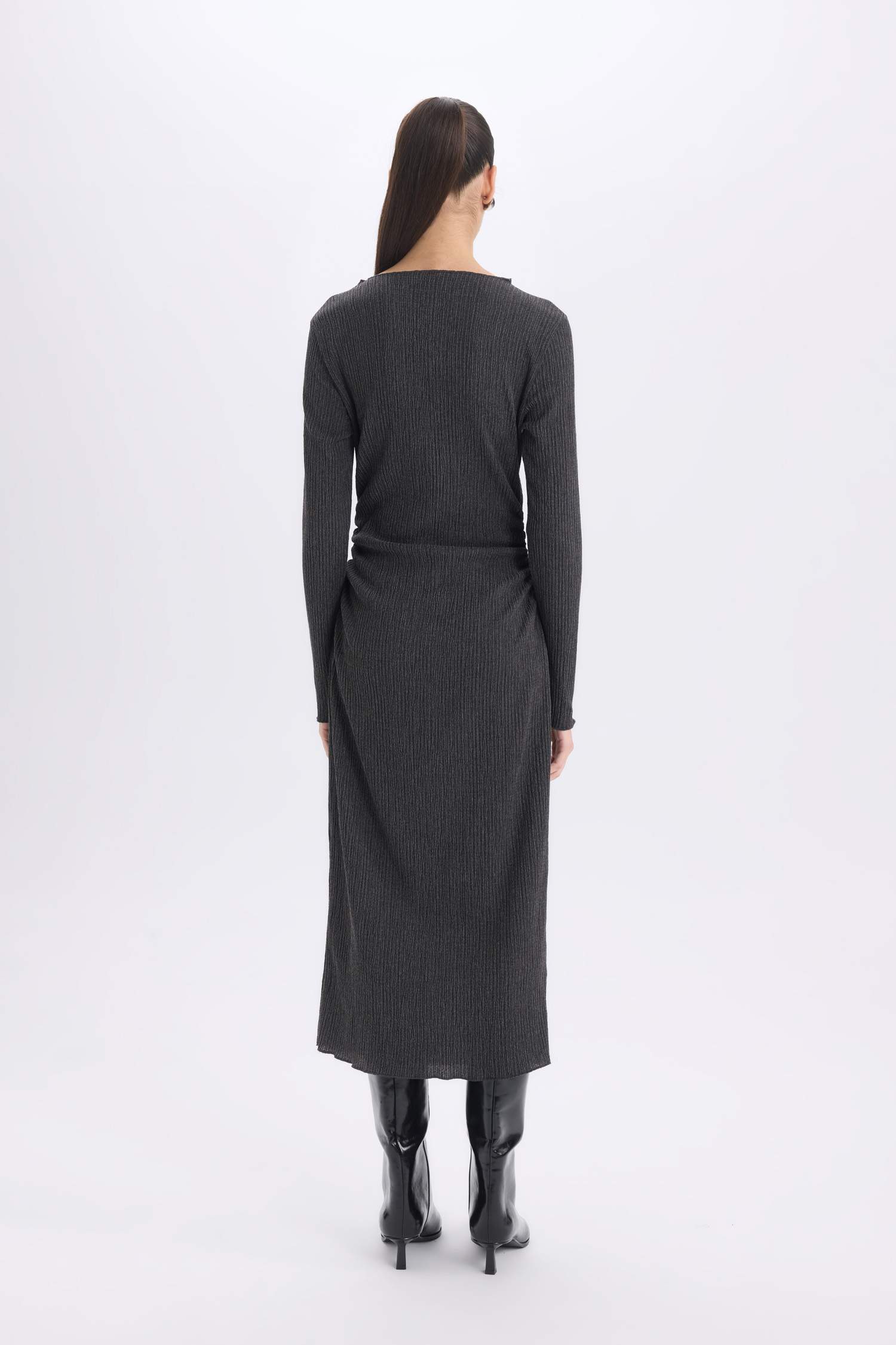 Bodycon Vücudu Saran Yarım Balıkçı Yaka Basic Düz Bürümcük Uzun Kollu Midi Elbise