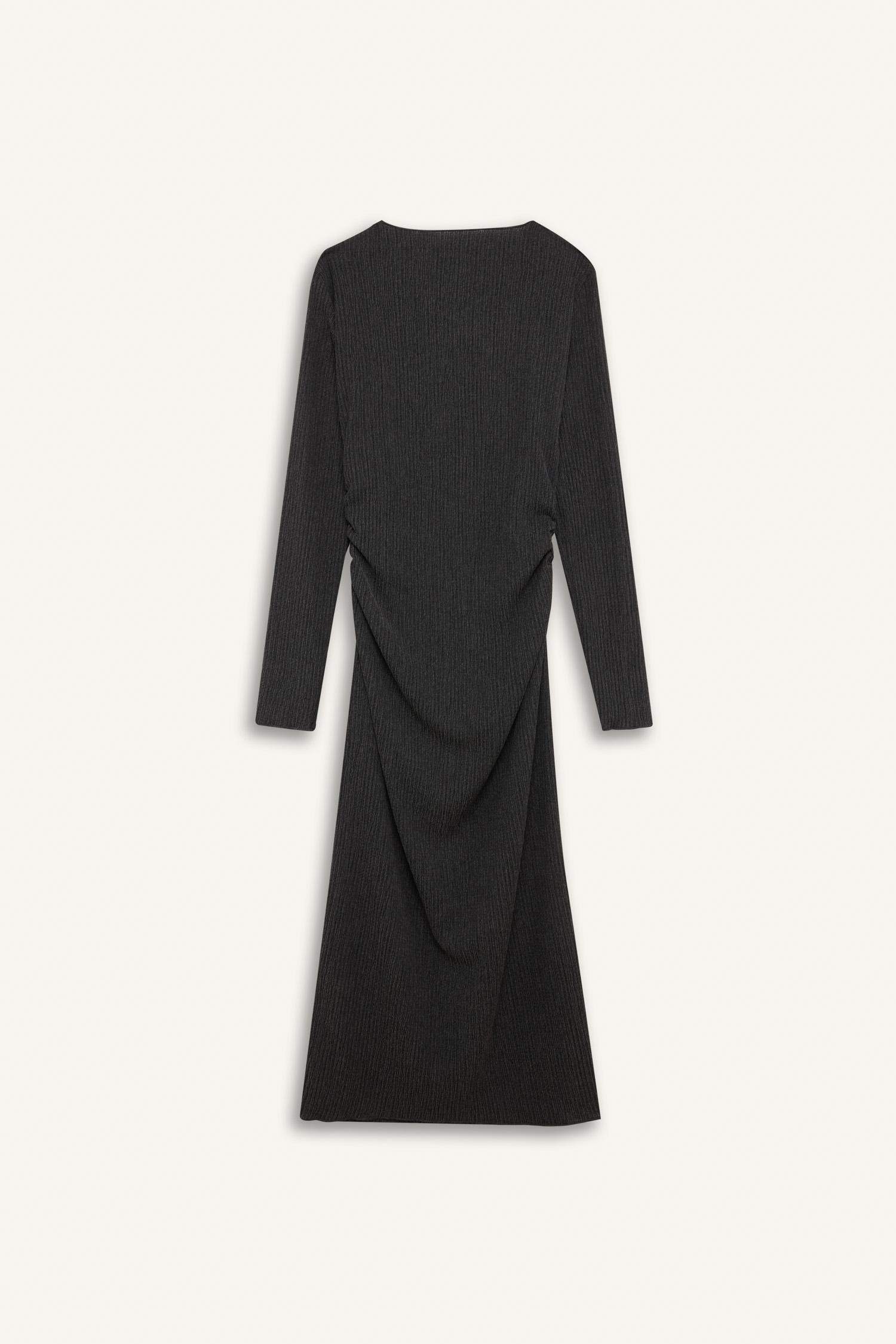 Bodycon Vücudu Saran Yarım Balıkçı Yaka Basic Düz Bürümcük Uzun Kollu Midi Elbise