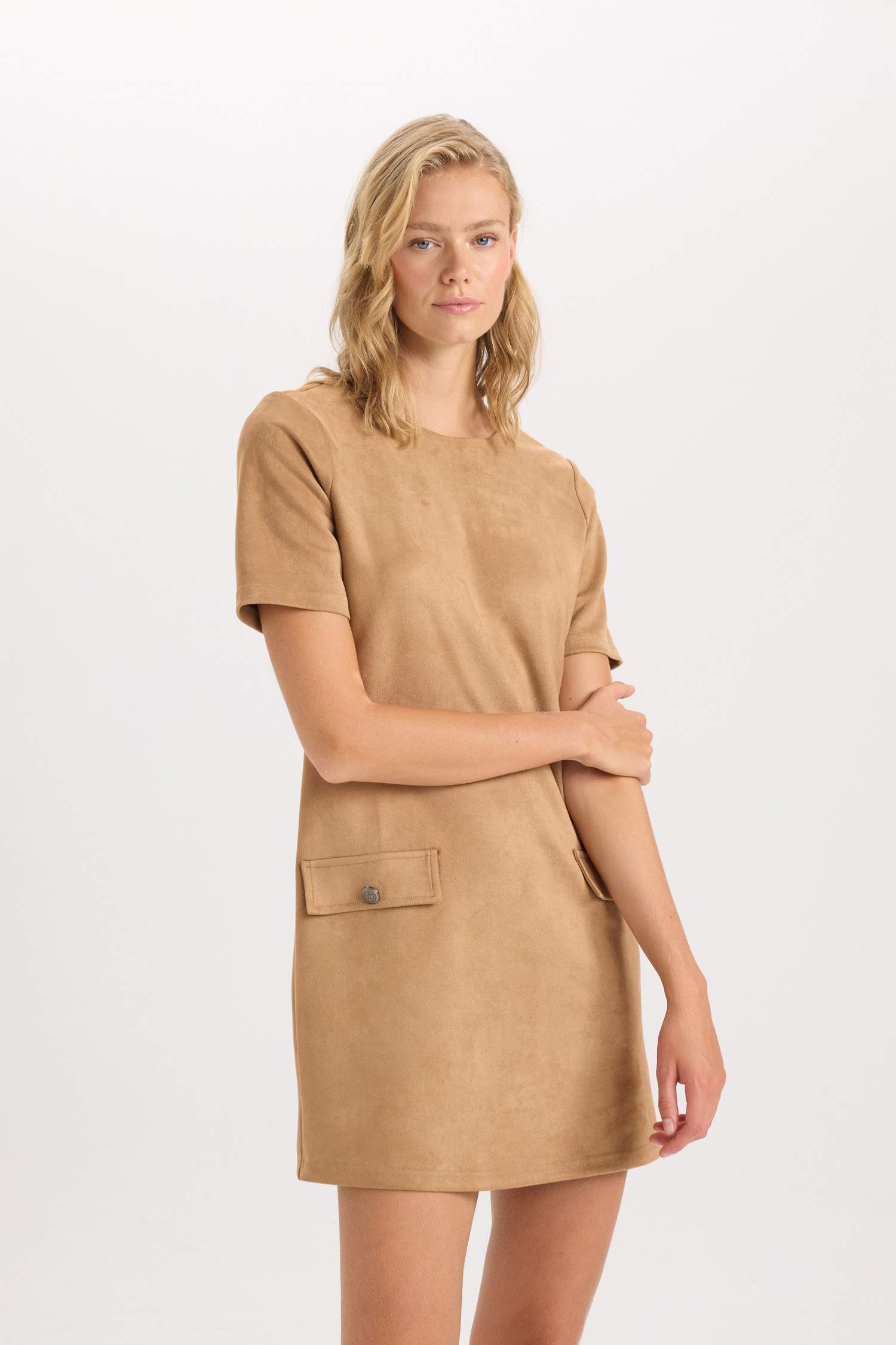 Yuvarlak Yaka Skuba Dalgıç Kumaş Kısa Kollu Mini Elbise