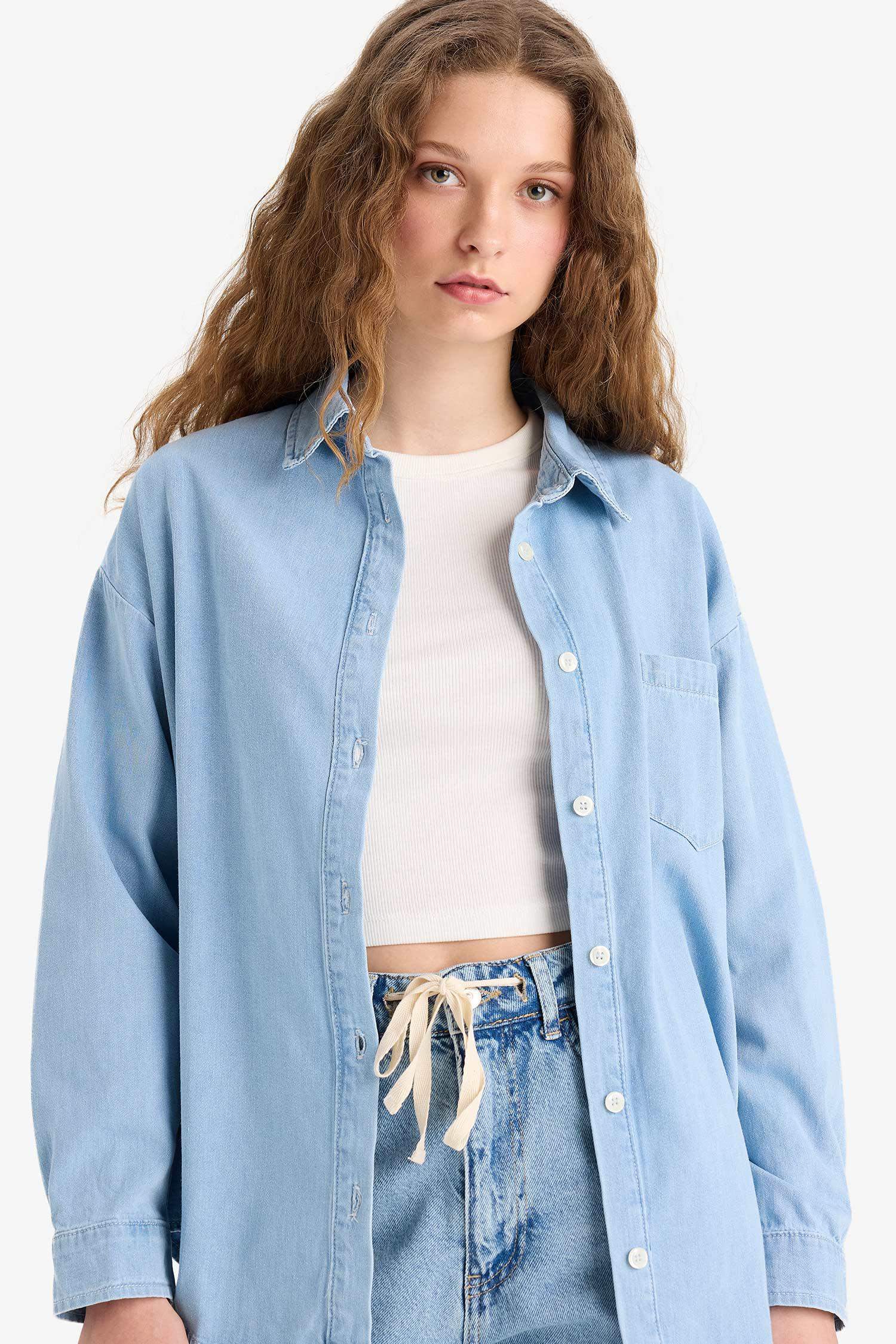 Oversize Geniş Kalıp Tek Cepli Jean Gömlek