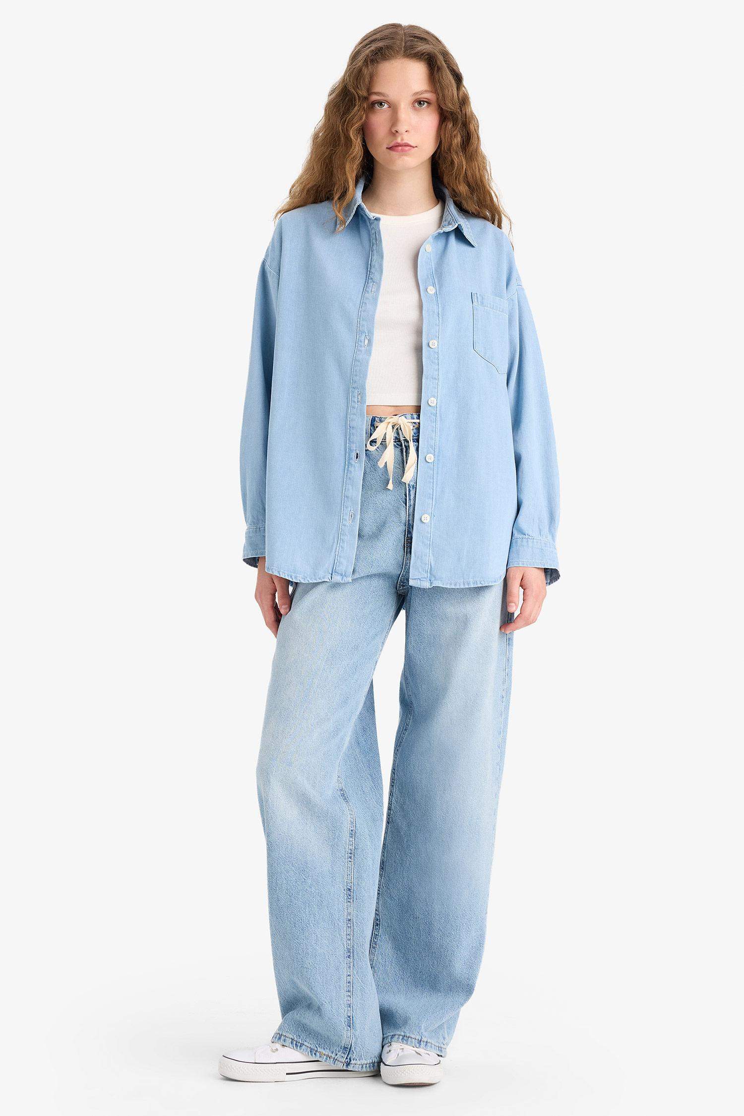 Oversize Geniş Kalıp Tek Cepli Jean Gömlek