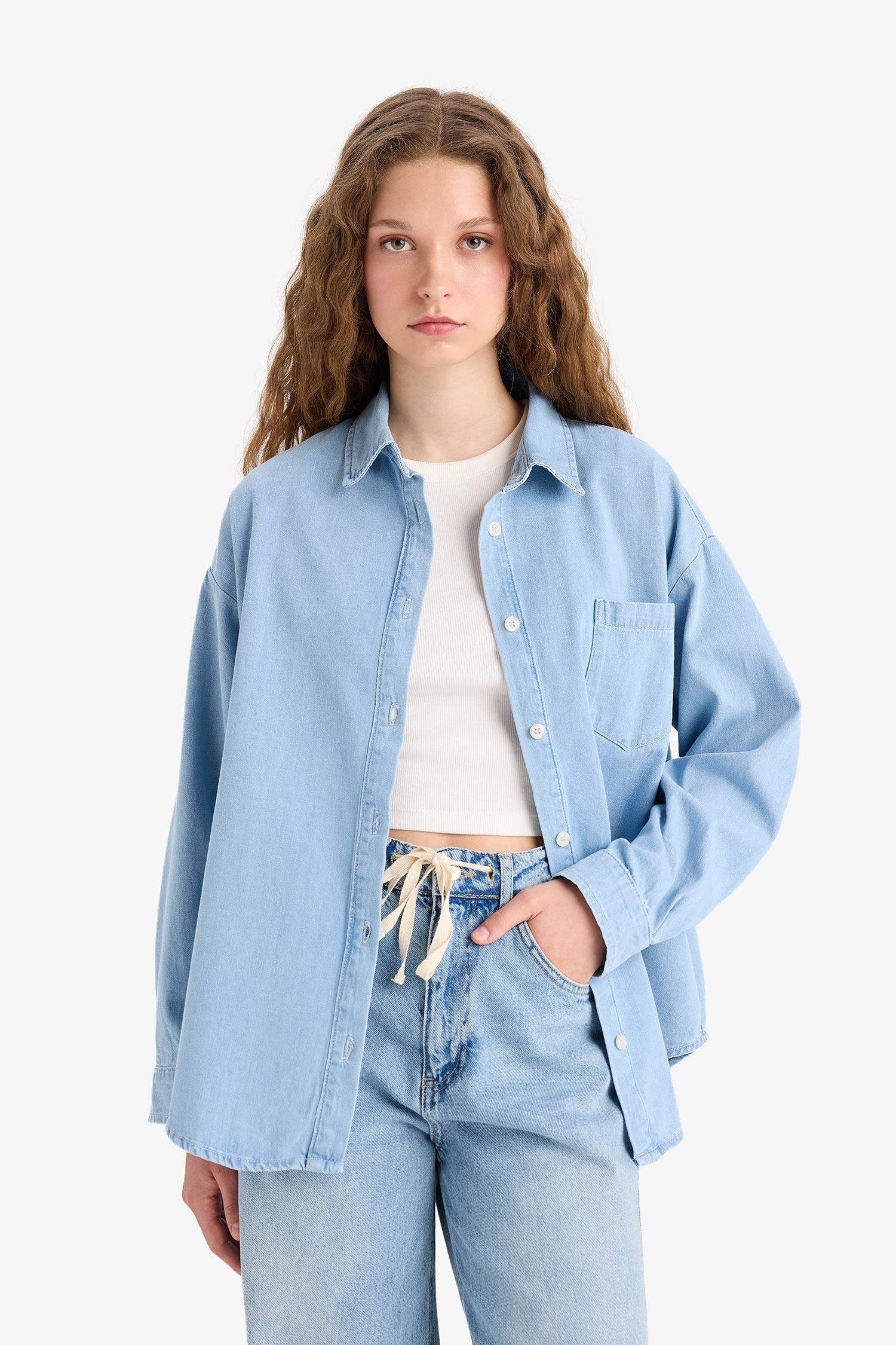 Oversize Geniş Kalıp Tek Cepli Jean Gömlek