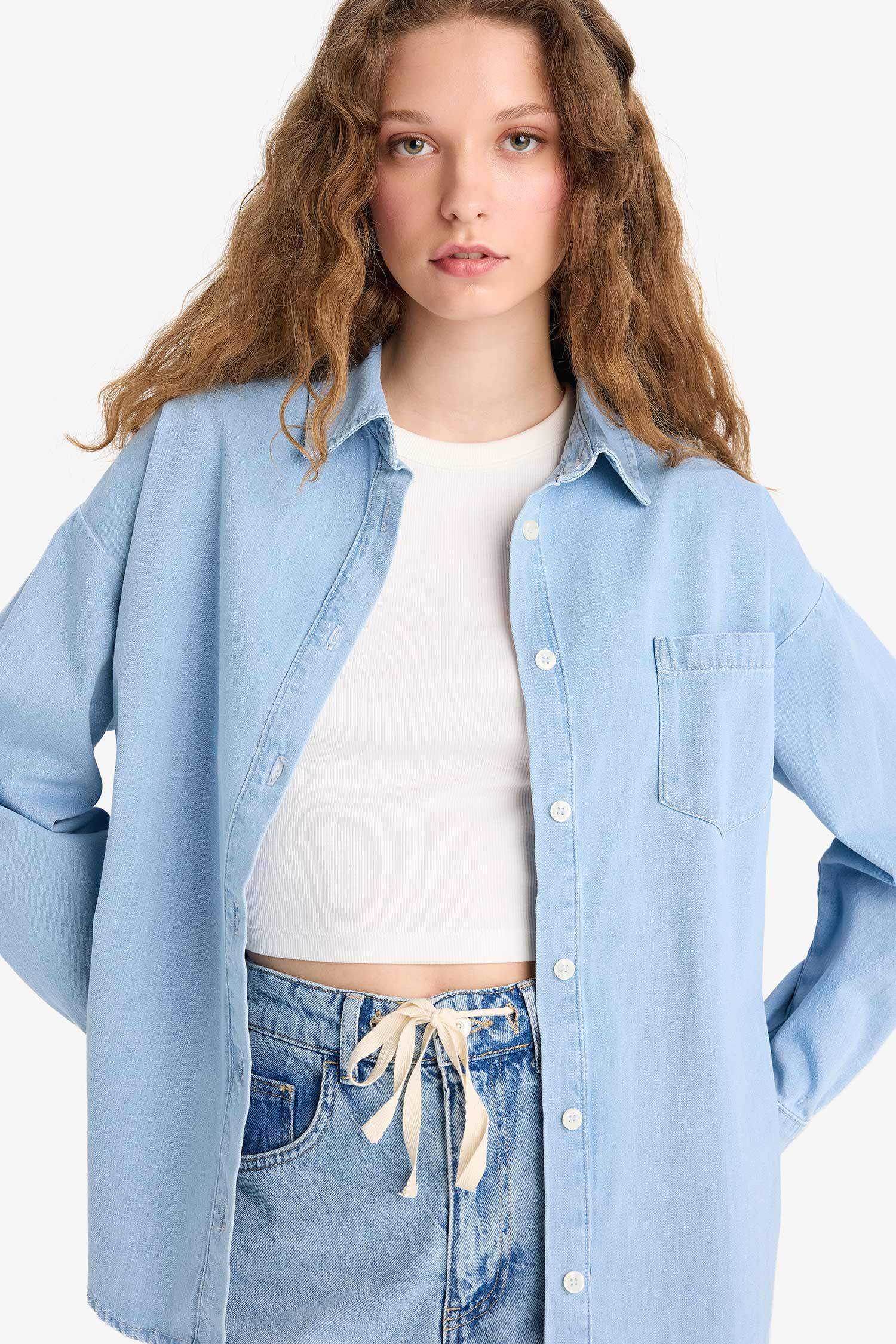 Oversize Geniş Kalıp Tek Cepli Jean Gömlek