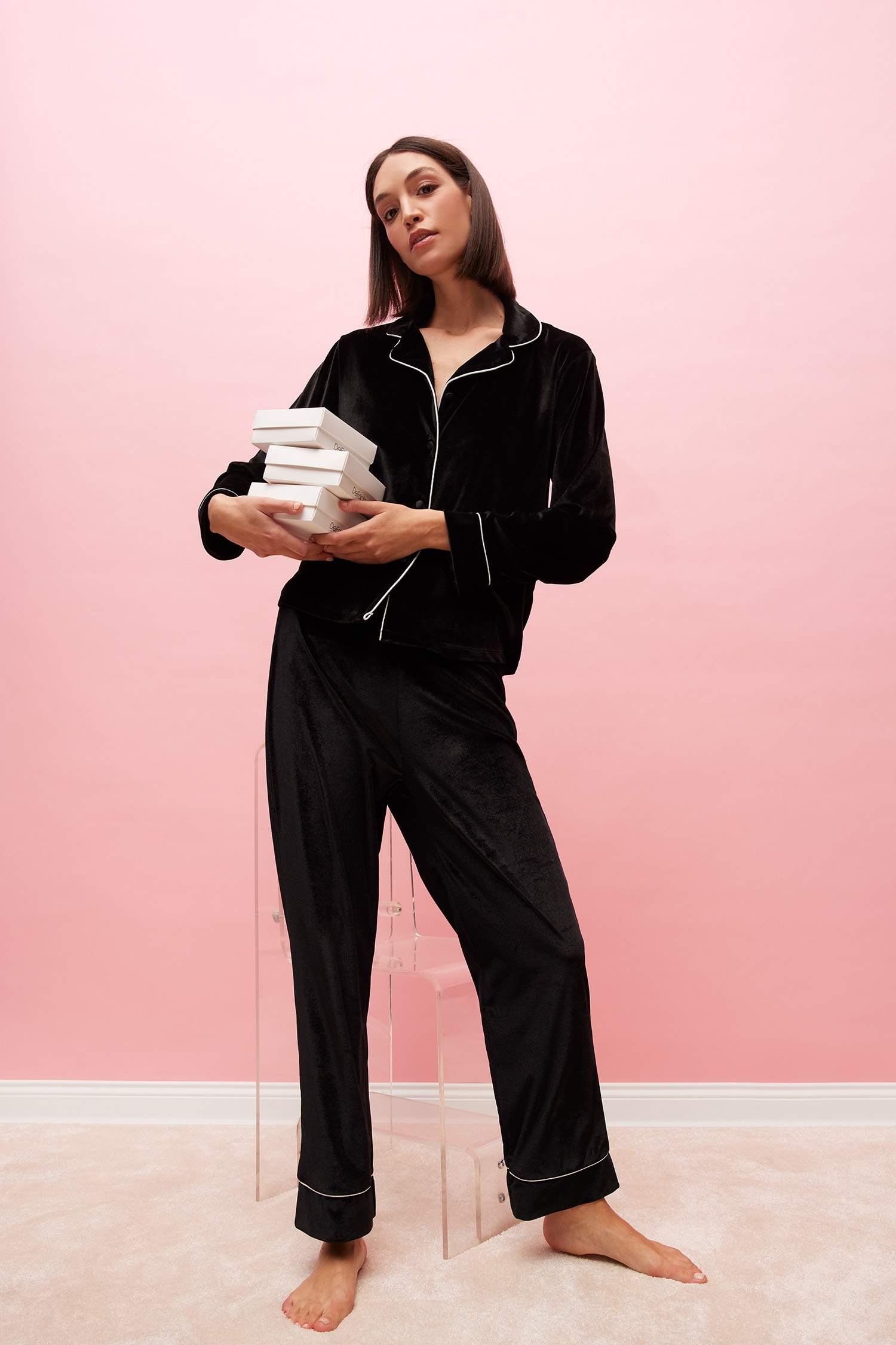 Kadife Pijama Takımı Uzun Kollu Üst Beli Lastikli Uzun Alt-Fall in Love