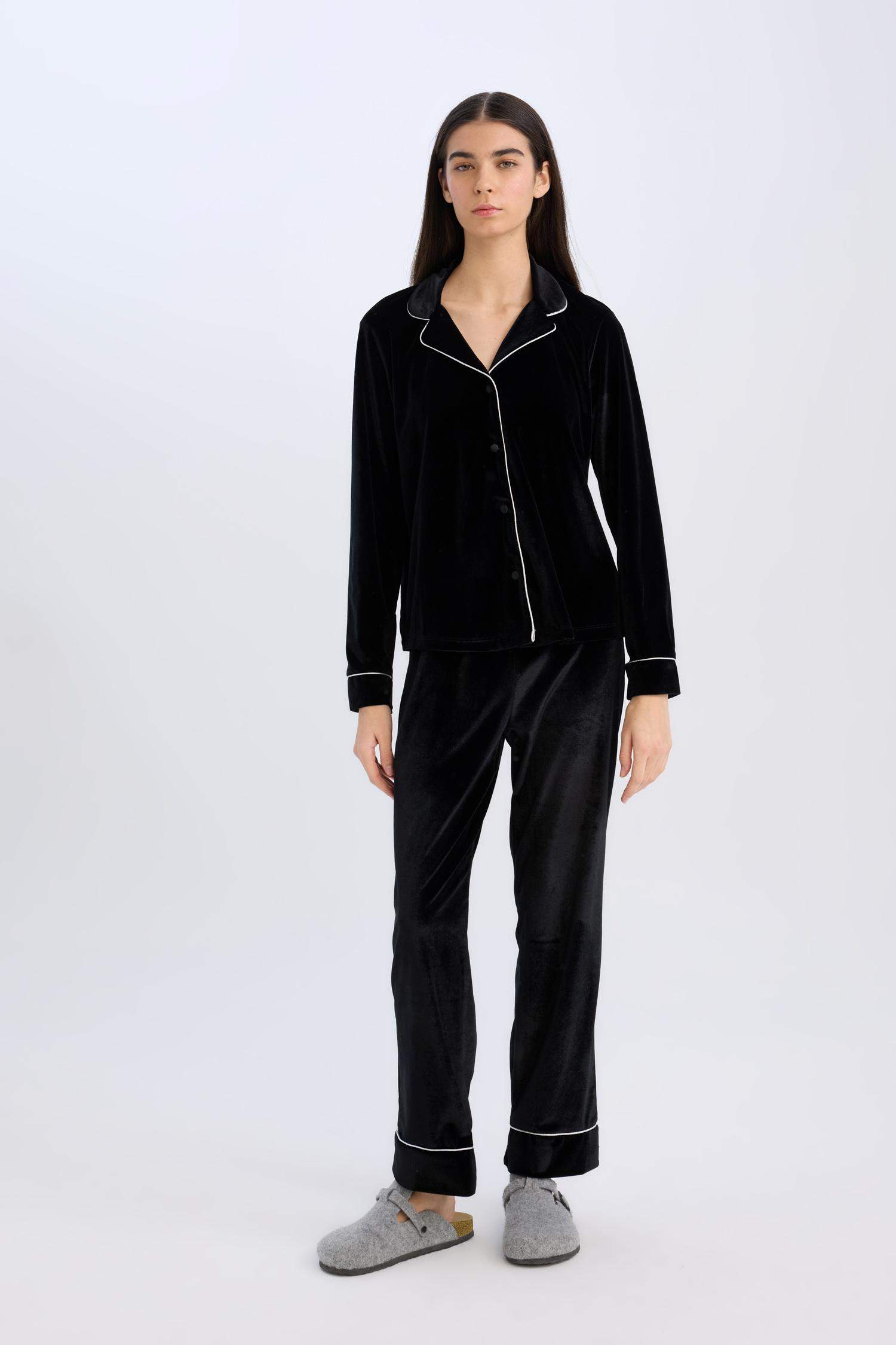 Kadife Pijama Takımı Uzun Kollu Üst Beli Lastikli Uzun Alt-Fall in Love