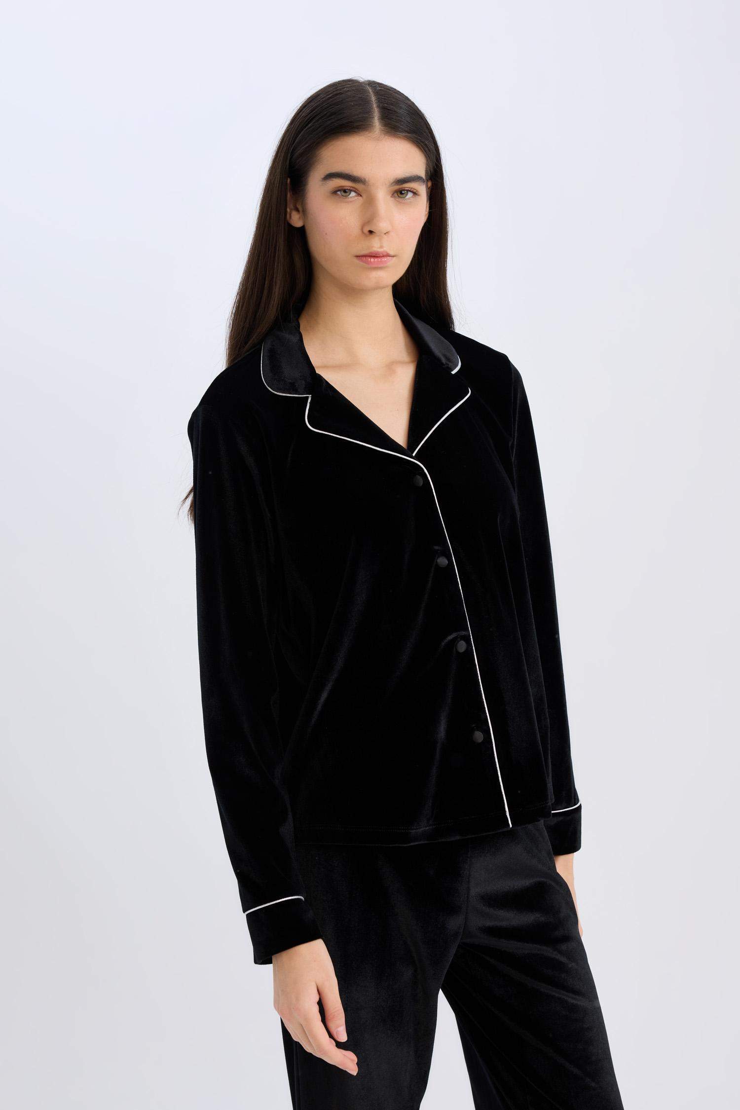 Kadife Pijama Takımı Uzun Kollu Üst Beli Lastikli Uzun Alt-Fall in Love