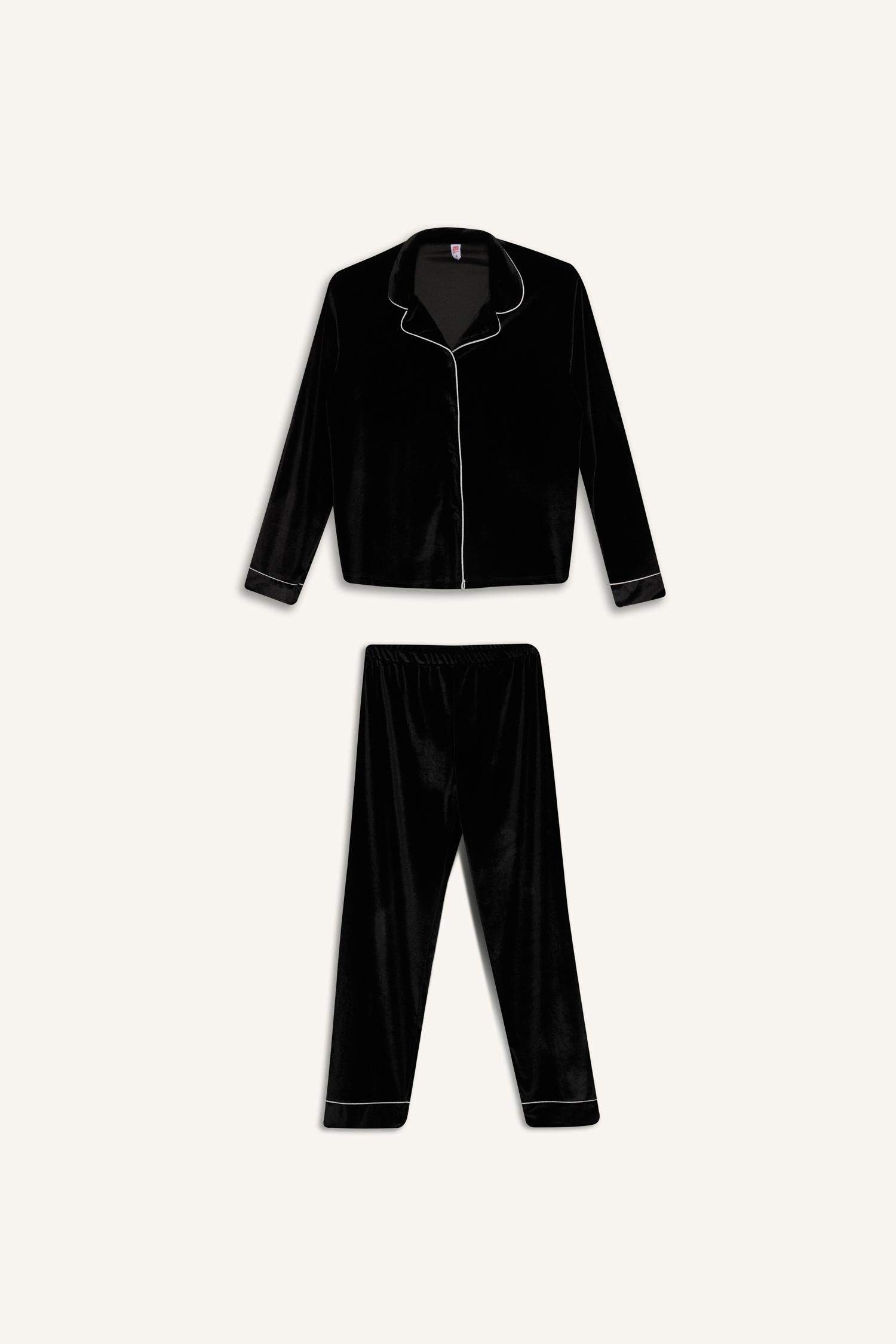 Kadife Pijama Takımı Uzun Kollu Üst Beli Lastikli Uzun Alt-Fall in Love