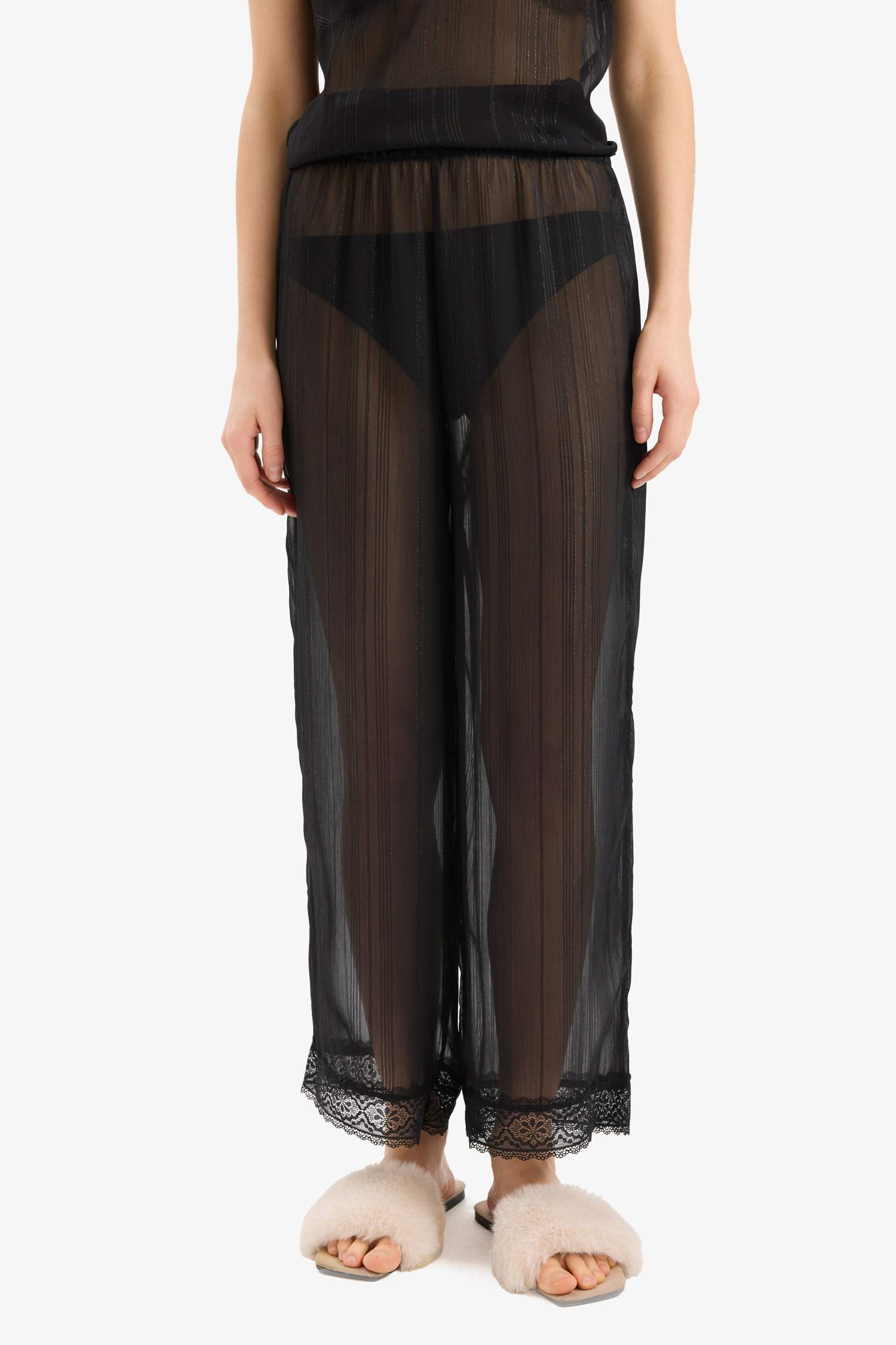 Tül Pijama Takımı Askılı Dantelli Üst Beli Lastikli Uzun Alt-Fall in Love