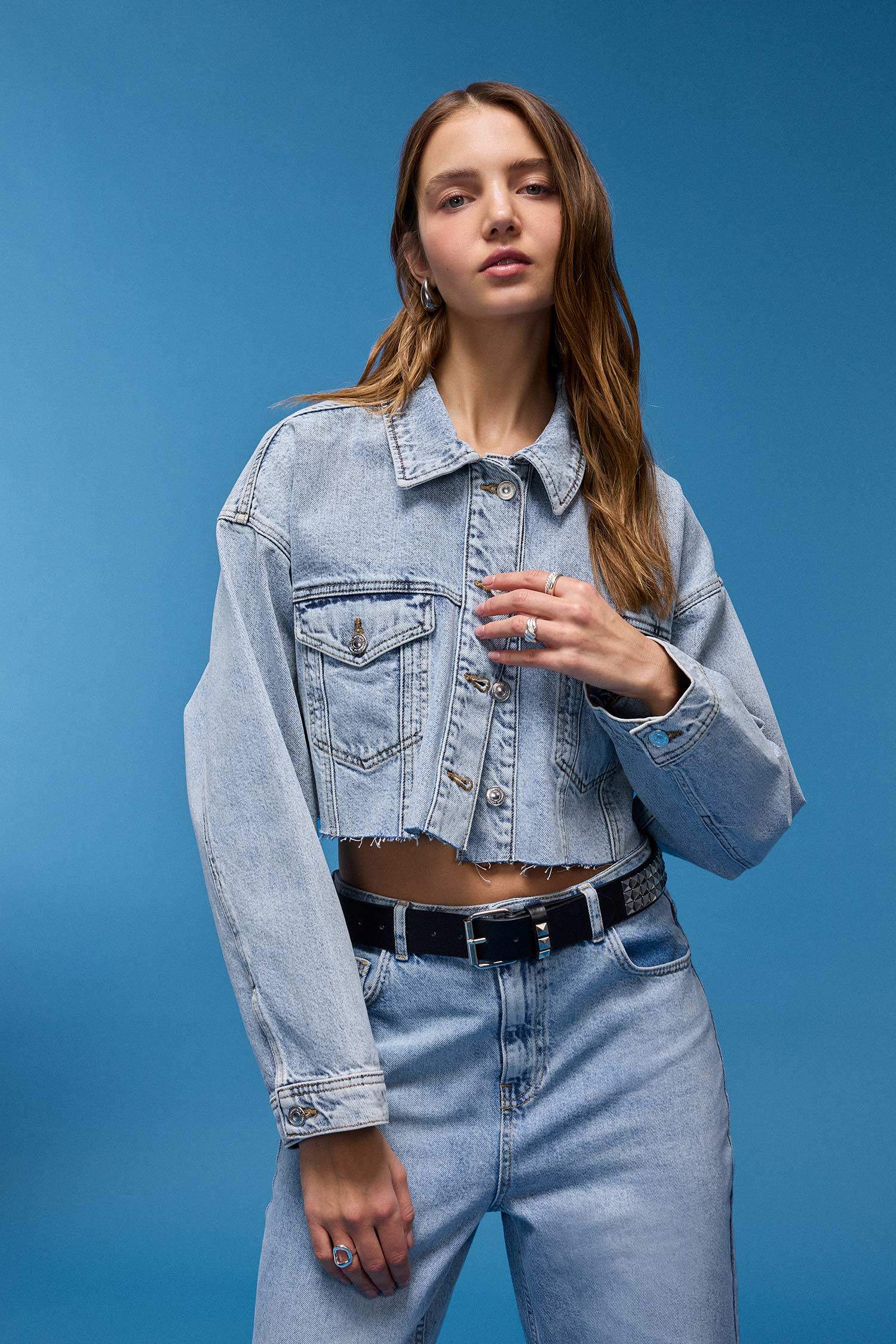Crop Düğmeli Denim Ceket