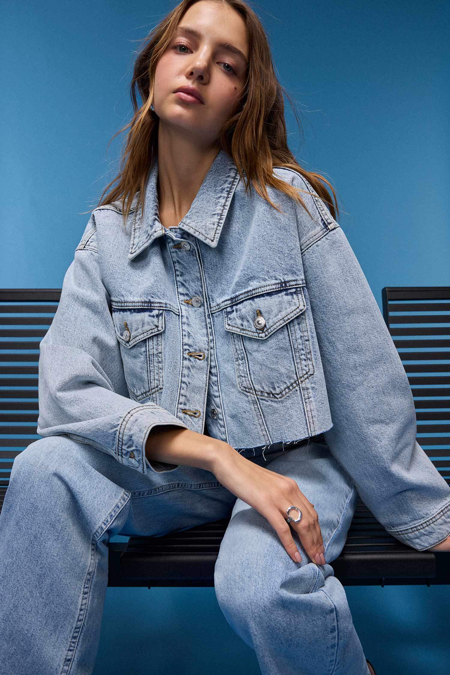 Crop Düğmeli Denim Ceket