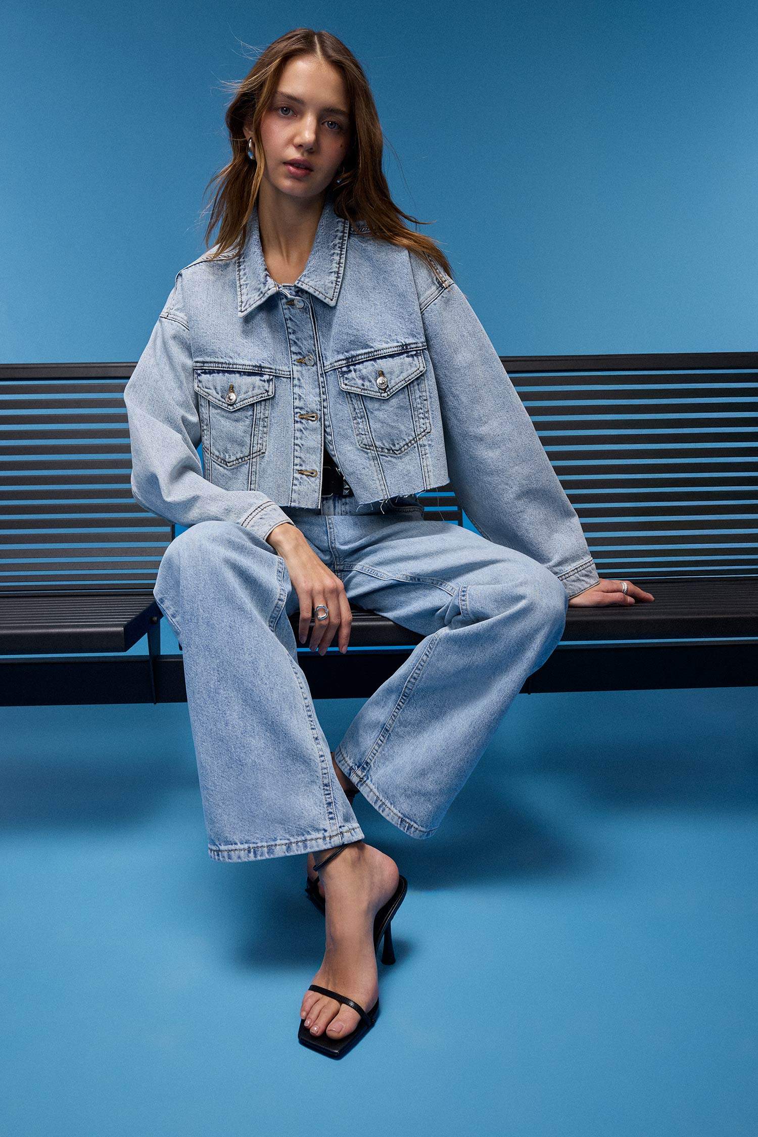 Crop Düğmeli Denim Ceket