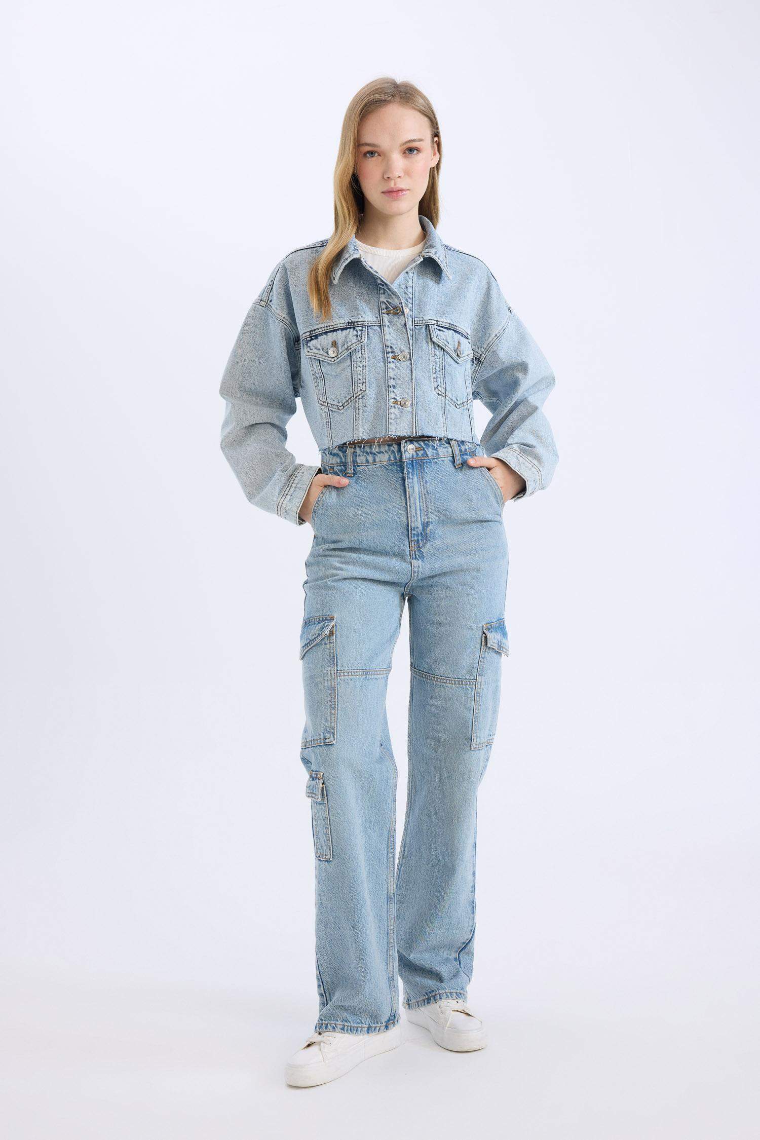Crop Düğmeli Denim Ceket