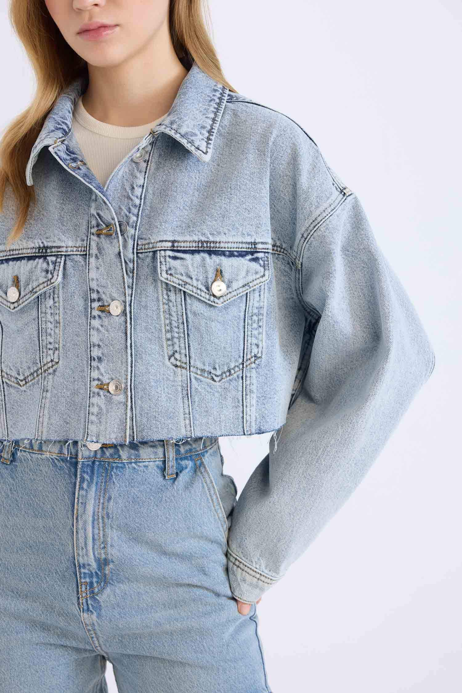 Crop Düğmeli Denim Ceket