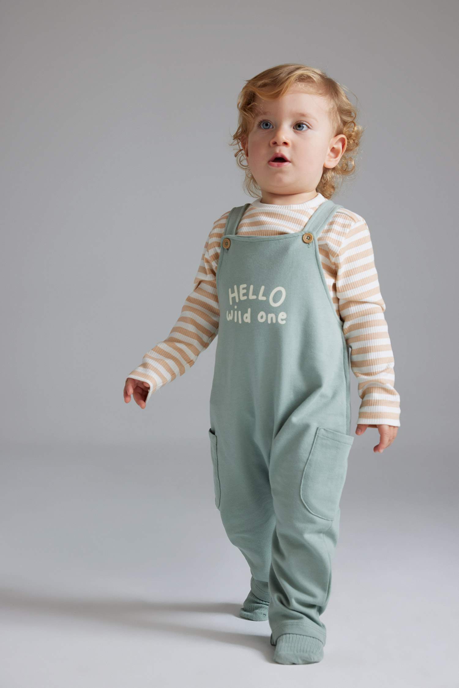 Erkek Bebek 2'li Takım Çizgili Uzun Kollu Tişört Baskılı Salopet Tulum