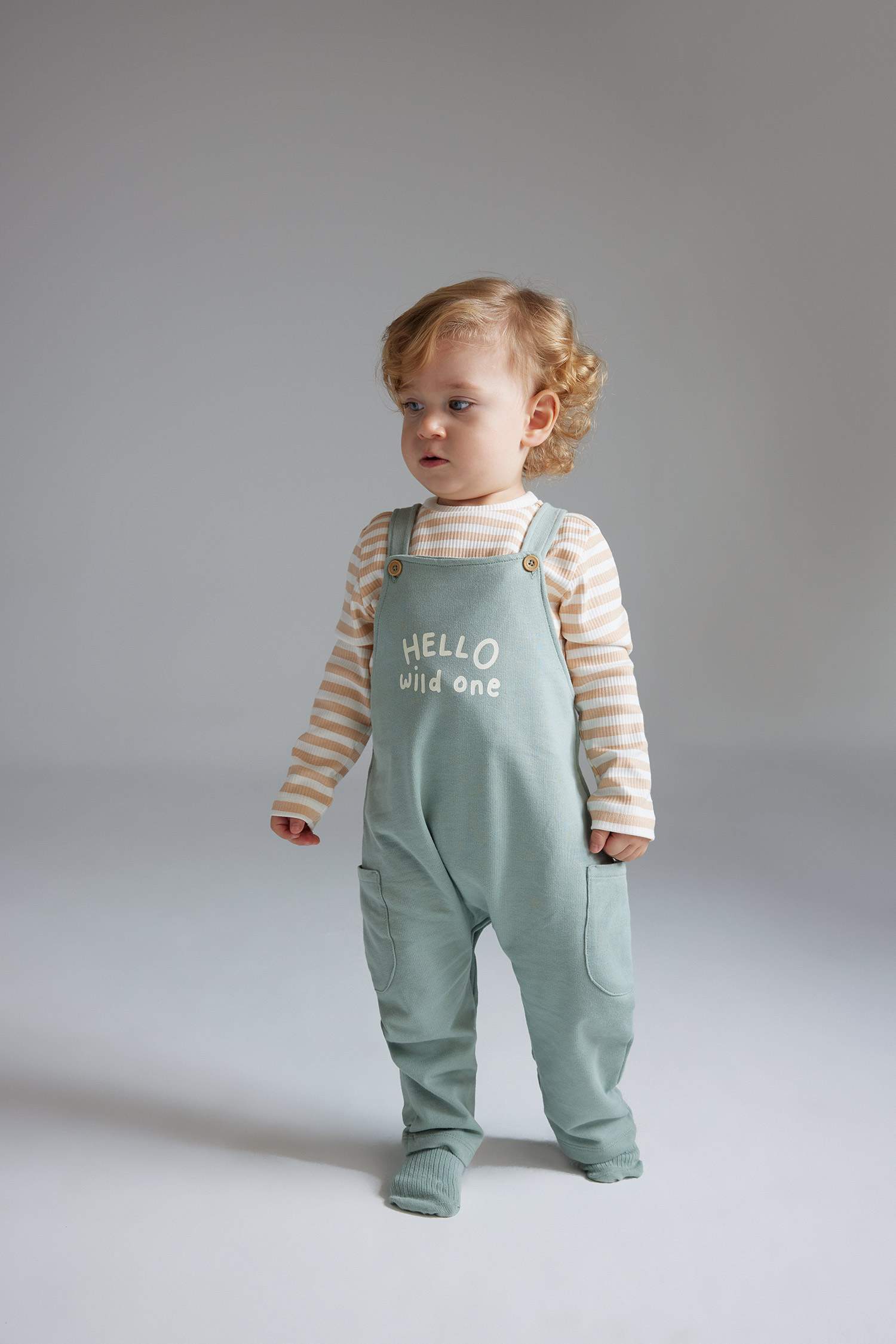 Erkek Bebek 2'li Takım Çizgili Uzun Kollu Tişört Baskılı Salopet Tulum
