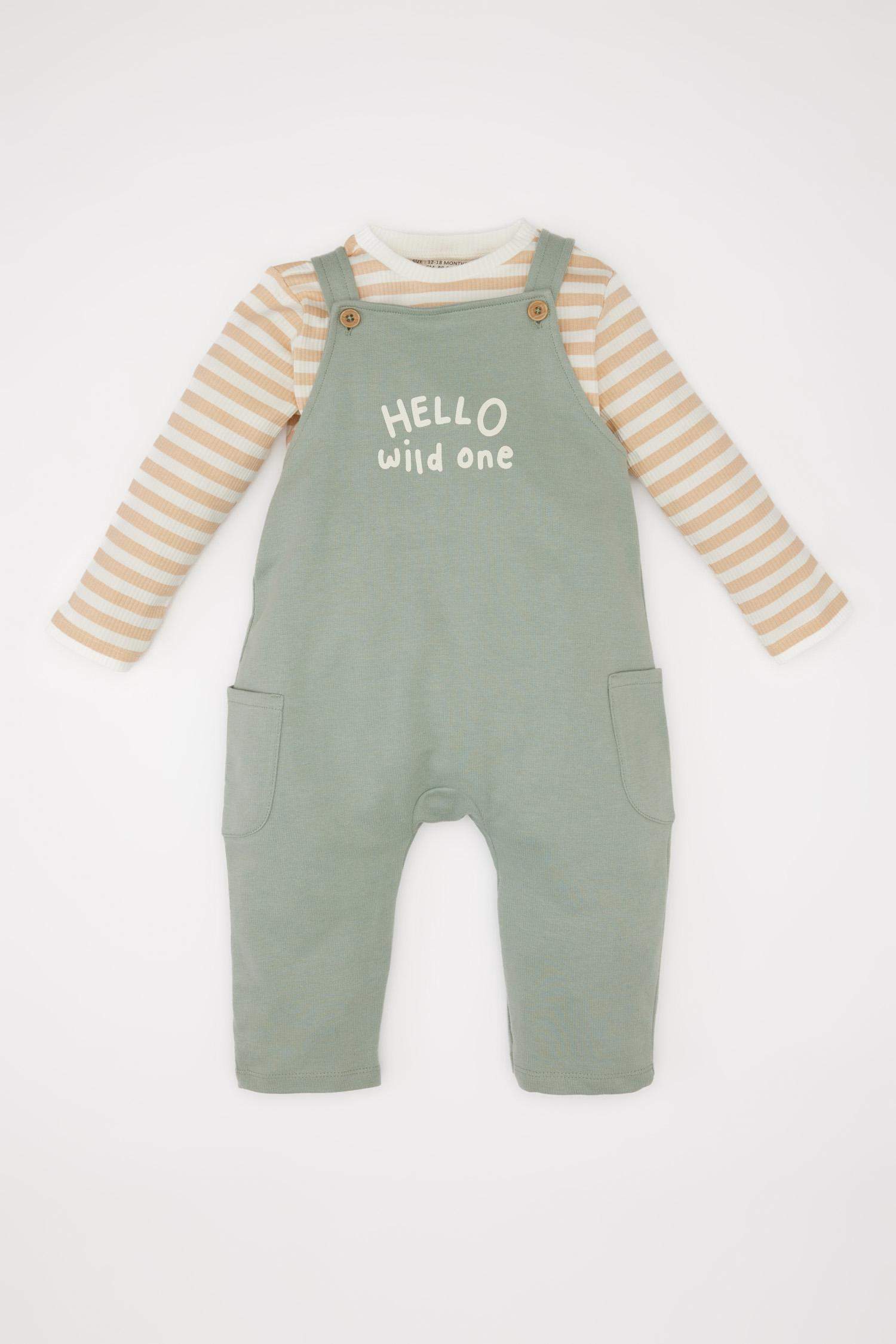 Erkek Bebek 2'li Takım Çizgili Uzun Kollu Tişört Baskılı Salopet Tulum