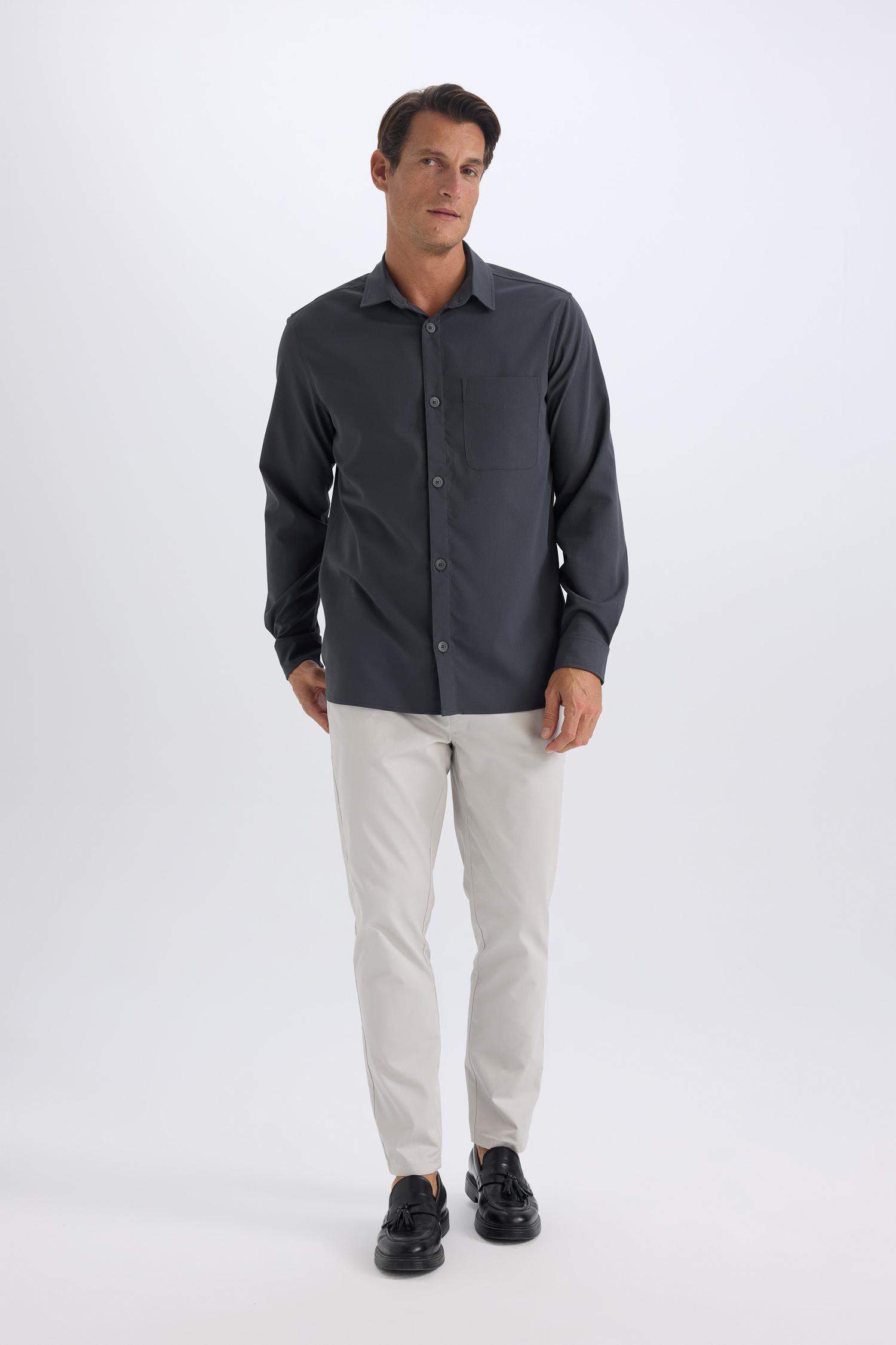 Regular Fit Polo Yaka Basic Düz Gofre Uzun Kollu Gömlek