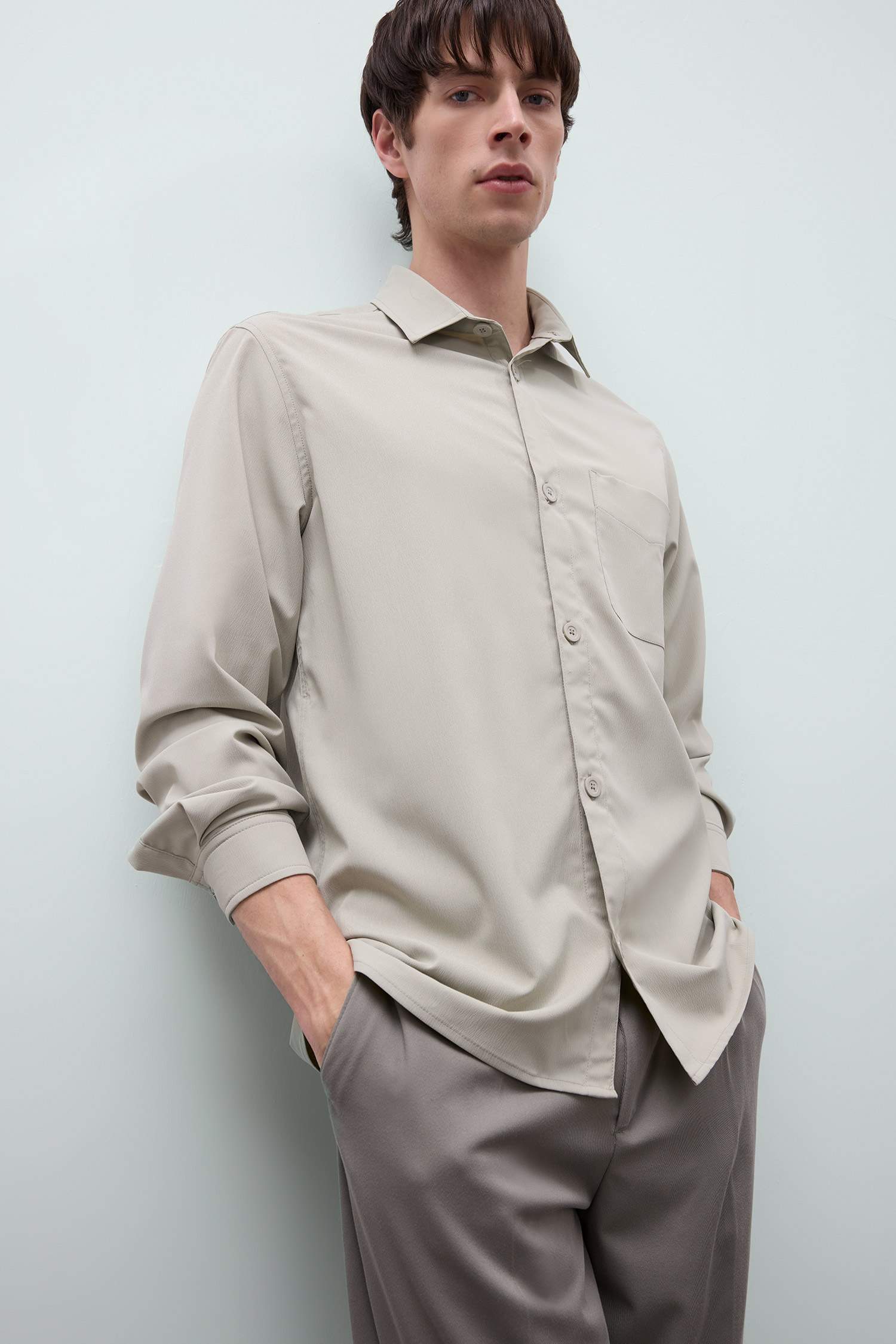 Regular Fit Polo Yaka Basic Düz Gofre Uzun Kollu Gömlek