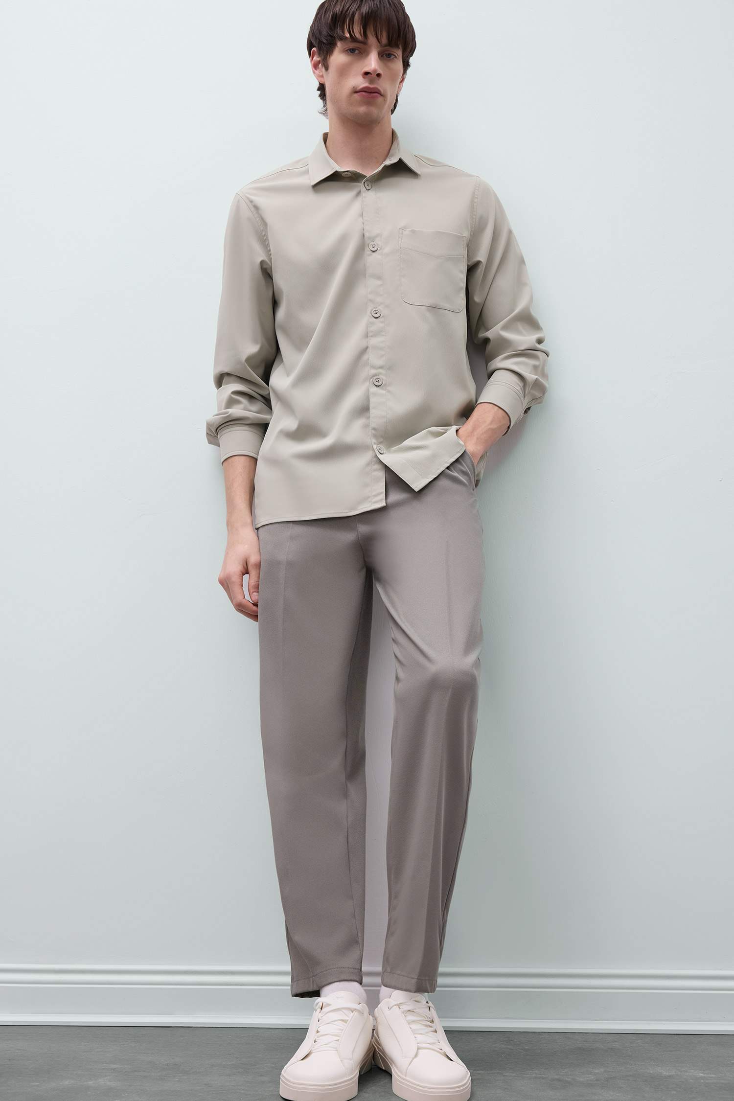 Regular Fit Polo Yaka Basic Düz Gofre Uzun Kollu Gömlek