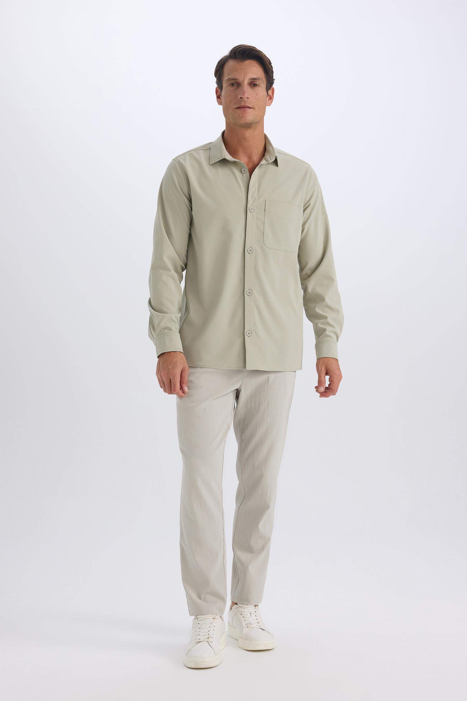 Regular Fit Polo Yaka Basic Düz Gofre Uzun Kollu Gömlek