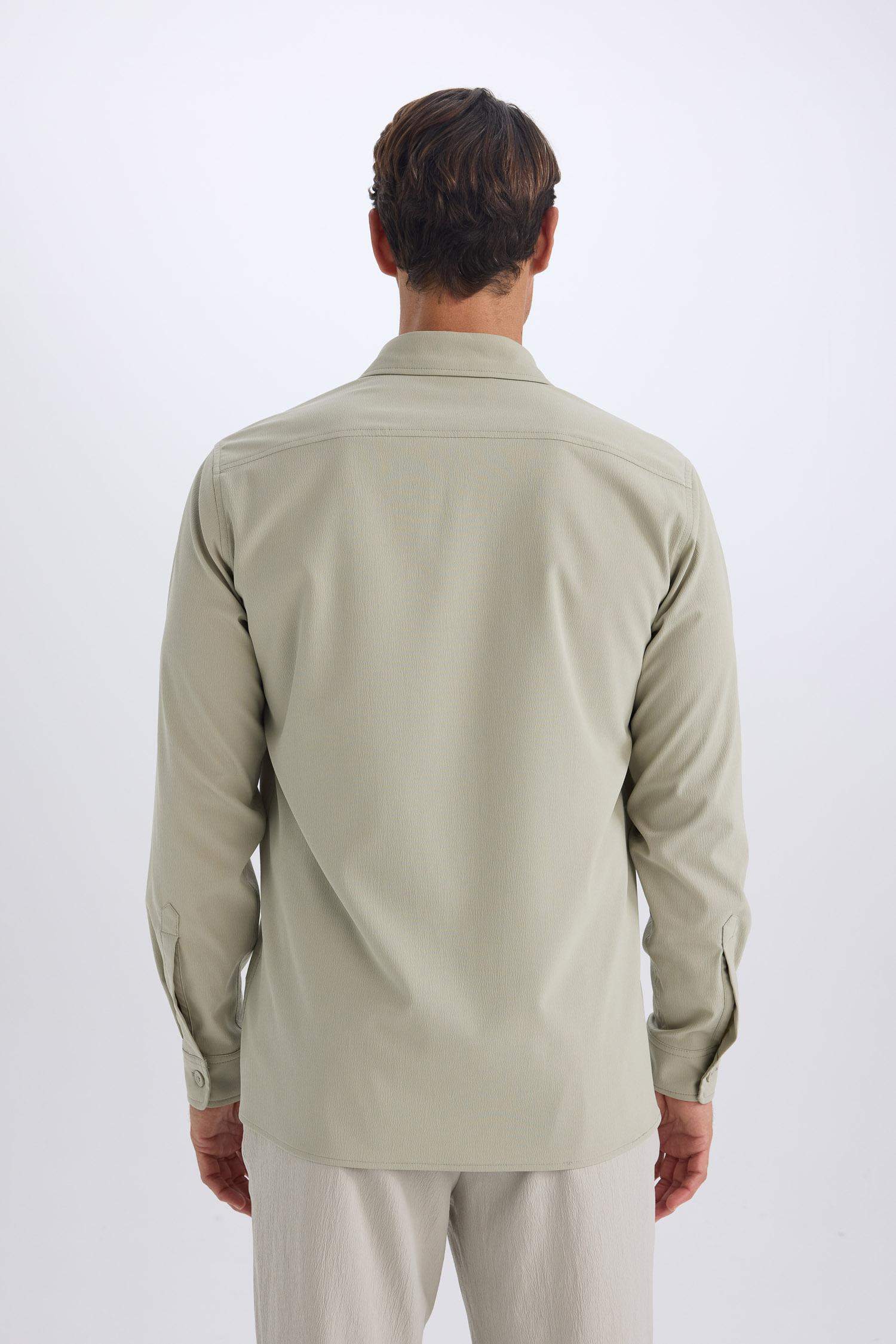 Regular Fit Polo Yaka Basic Düz Gofre Uzun Kollu Gömlek