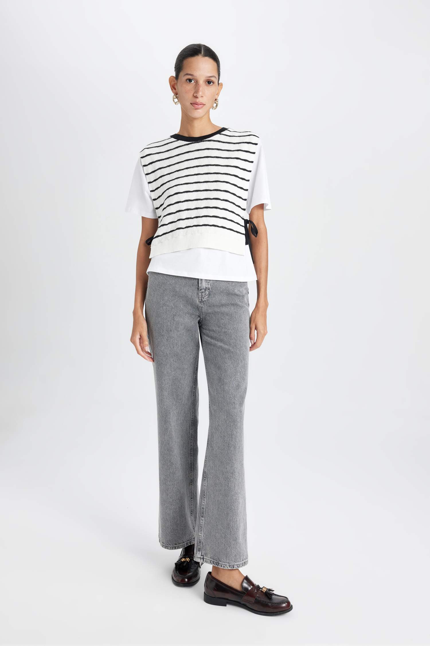 Regular Fit Crew Neck Striped Side Tie Pullover