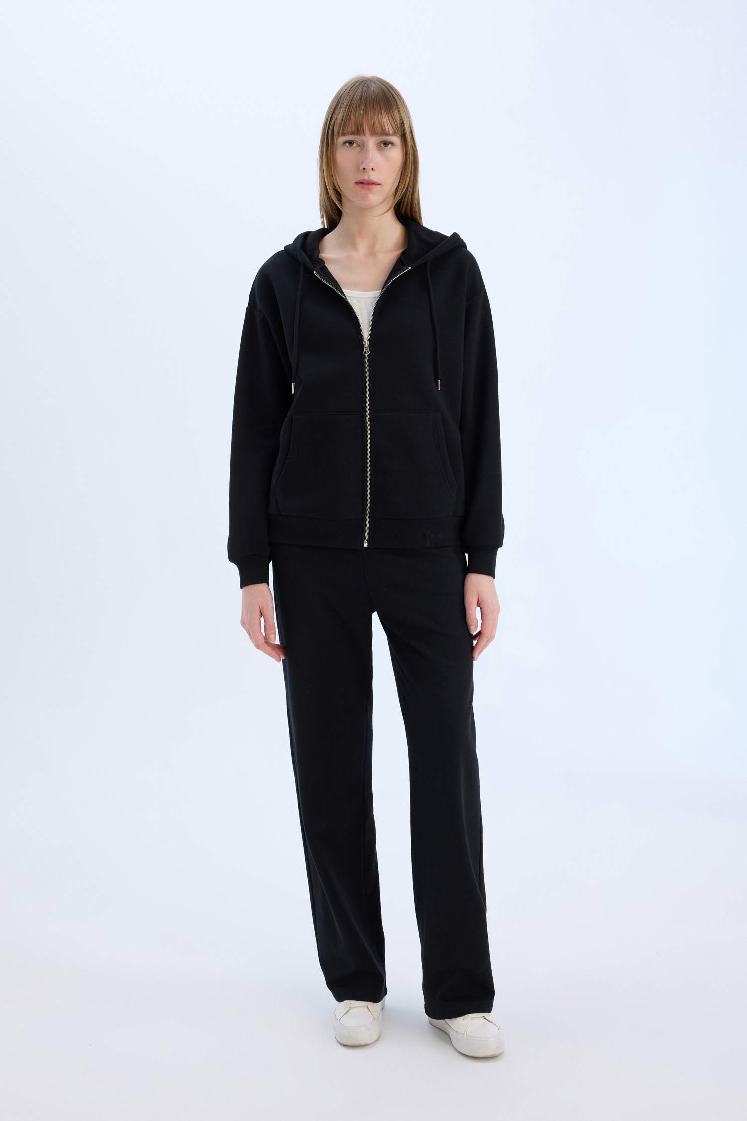 Okula Dönüş Relax Fit Kapüşonlu Kalın Basic Düz Cepli Fermuarlı Sweatshirt