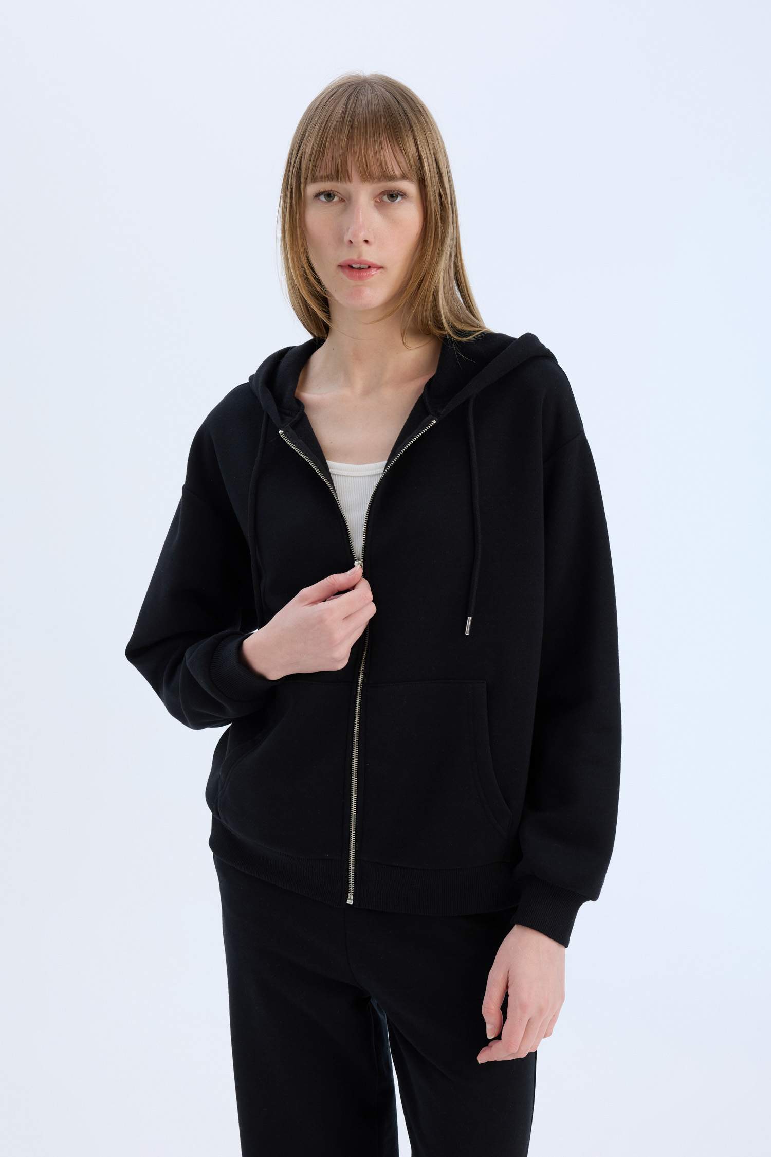 Okula Dönüş Relax Fit Kapüşonlu Kalın Basic Düz Cepli Fermuarlı Sweatshirt