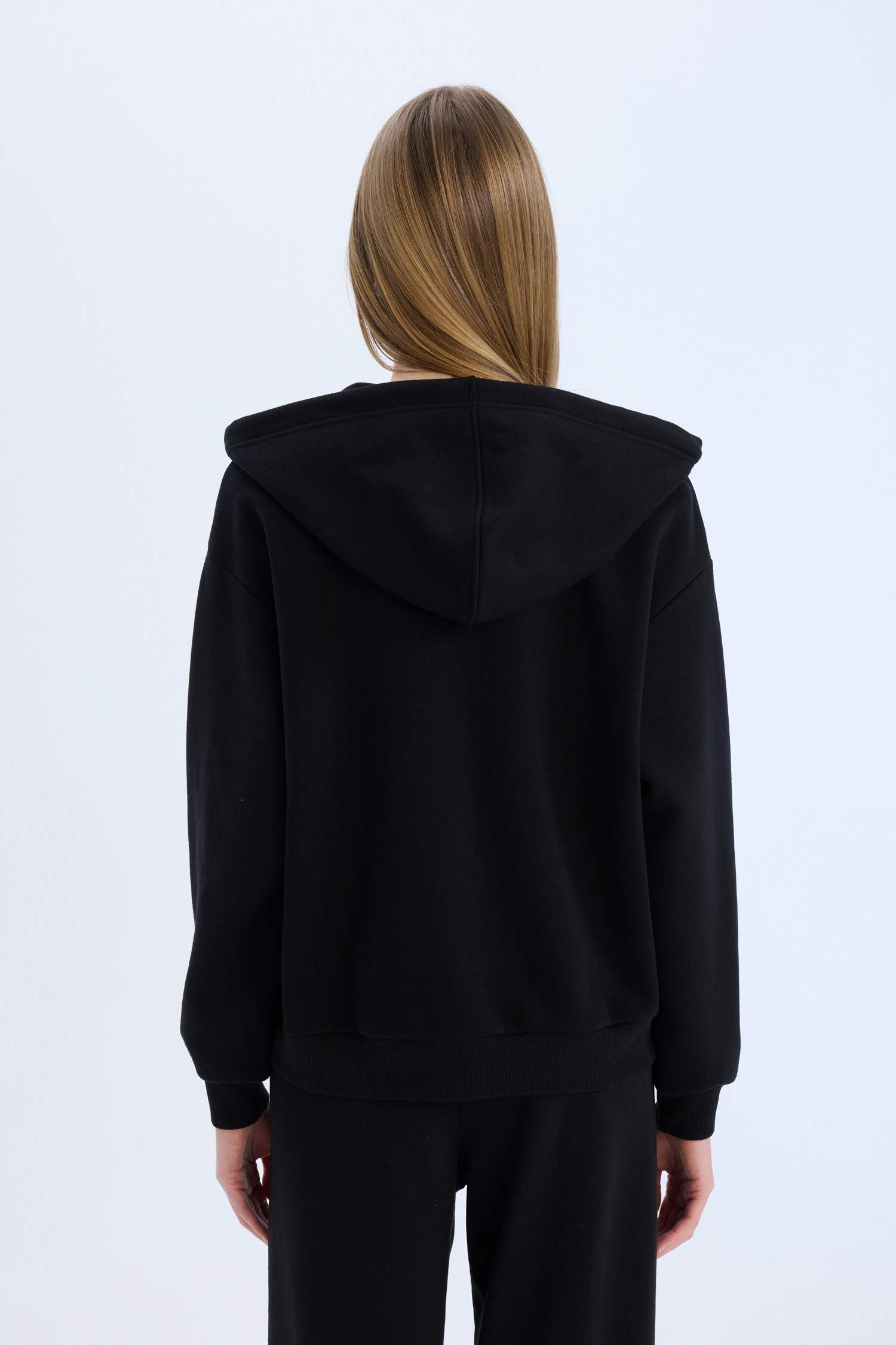 Okula Dönüş Relax Fit Kapüşonlu Kalın Basic Düz Cepli Fermuarlı Sweatshirt